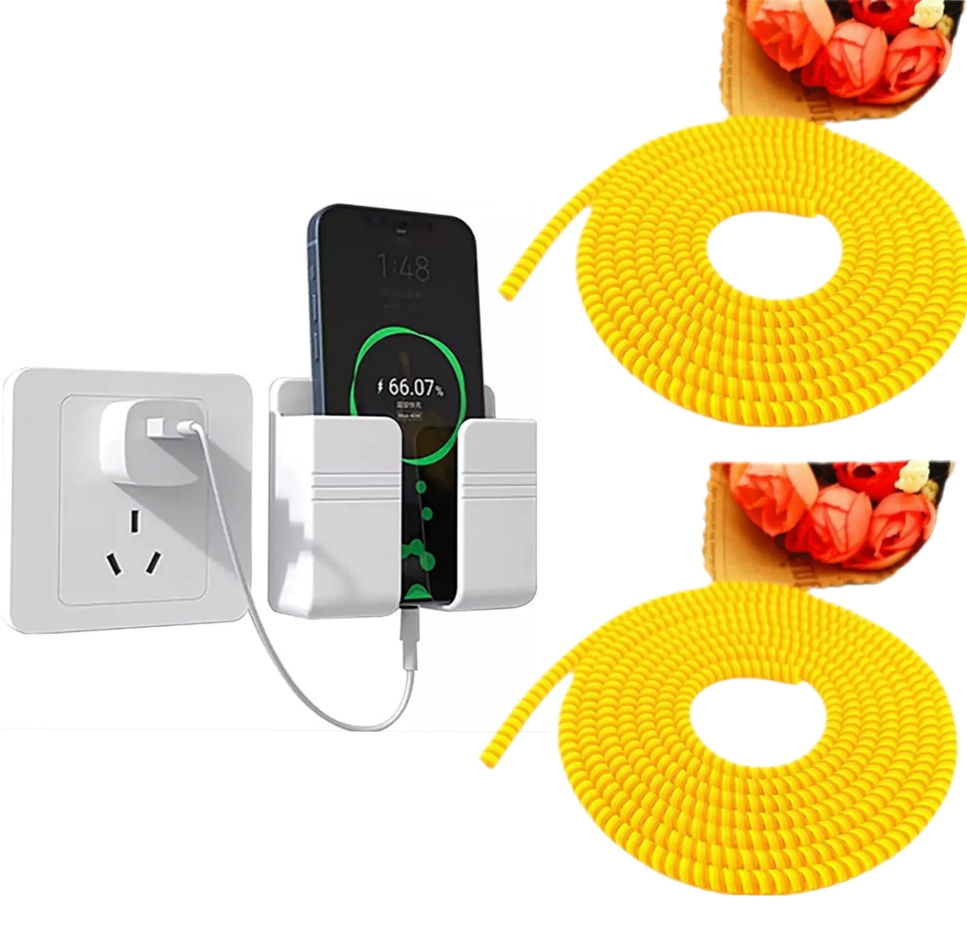 icall 2Pc Full Size 1.7 Meter Spiral Cable Protector Suitable for All iPhone/Android Mobile Charging Cables Yellow Color, & Mobile Holder for Wall Mount Mobile Holder White