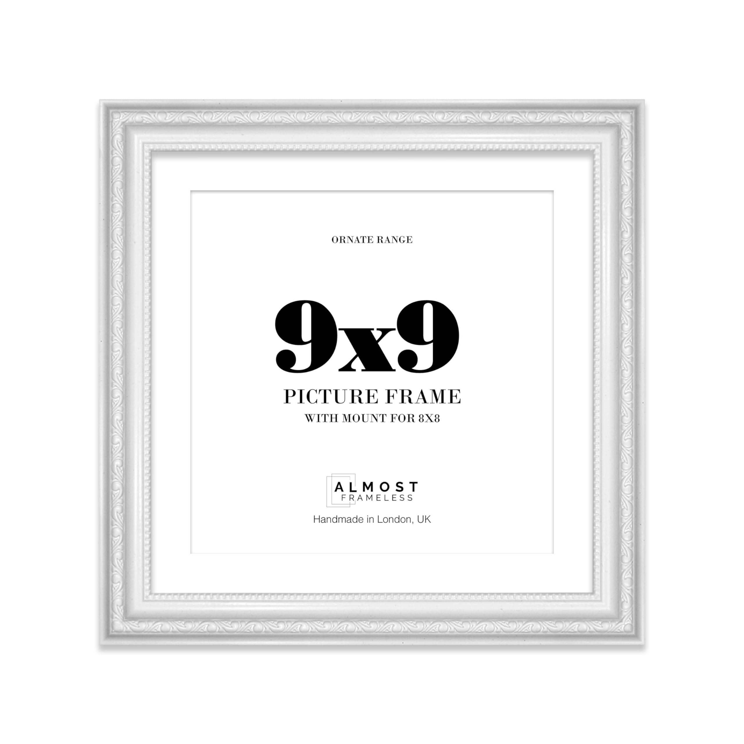 9x9 White Ornate Photo Frame With White Mat For 8x8 Picture, Ready to Hang or Stand, 1 Pack — image 1