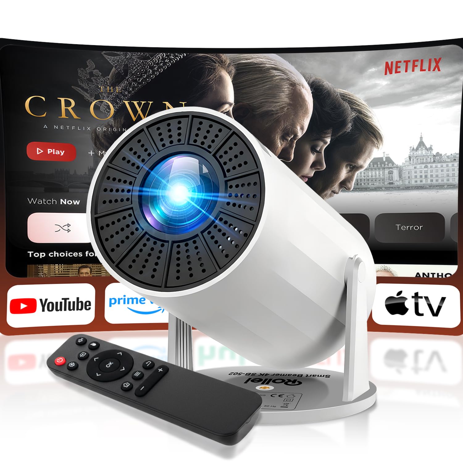 Proyector Portatil 4K SB-502 Rollei, Miniproyector 4K con Auto Keystone 210° Rotation Video Projector Casa Soporte Android 11/WiFi 6/BT 5.4 con Pantalla, Proyector-Portatil-4K-Mini-Projector