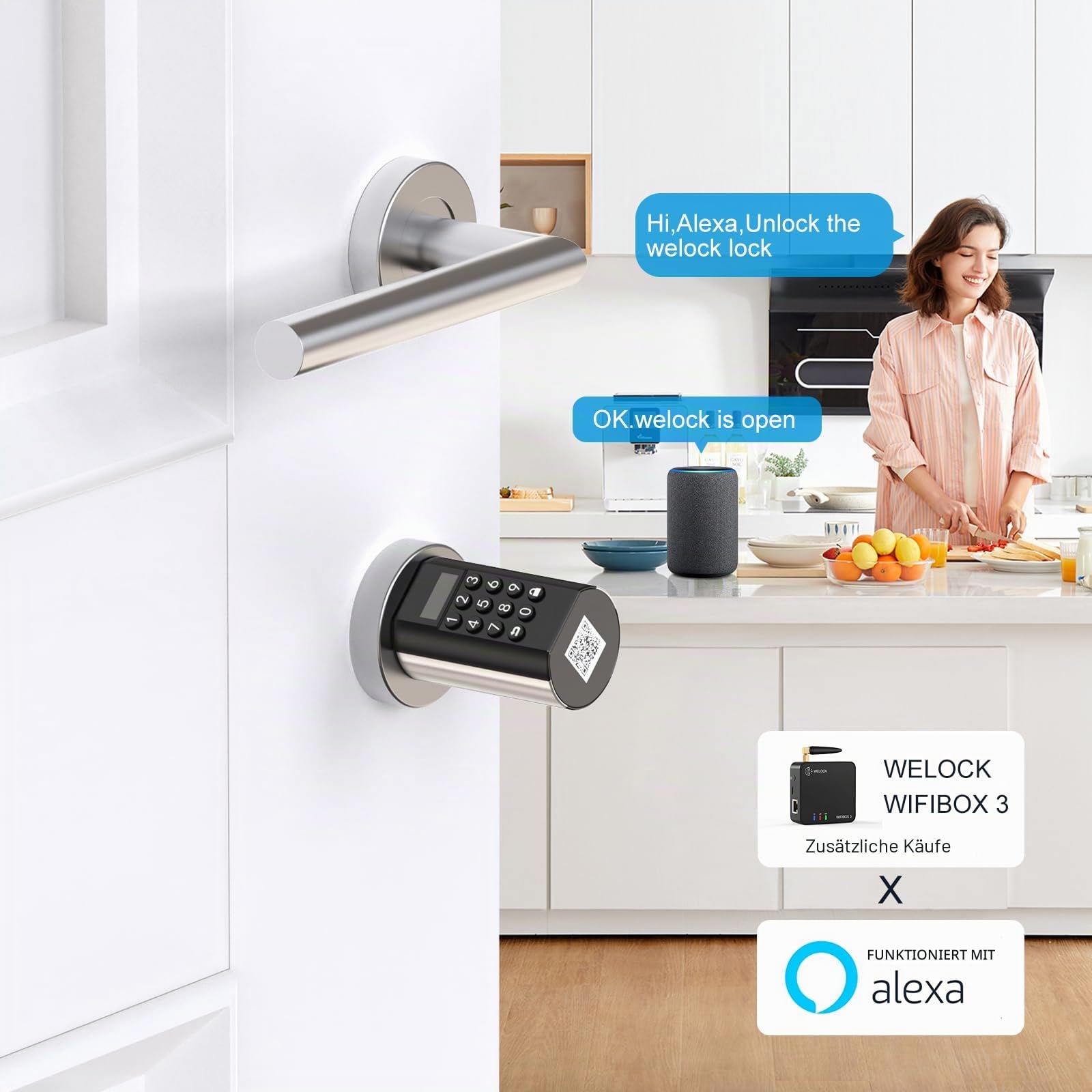 WELOCK PCB72 Elektronisches Türschloss Haustür Smart Lock 65/30mm mit Passwort,Entsperrt per Zahlencode RFID-Karte APP Wi-Fi Mechanischer Ersatzschlüssel,für 95-130mm EU-Profiltür