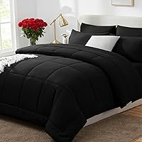 CozyLux Black Queen Comforter Set 7-Piece Bed in a Bag - All Season Quilted Bedding with Sheets, Pillowcases, Breathable Microfiber