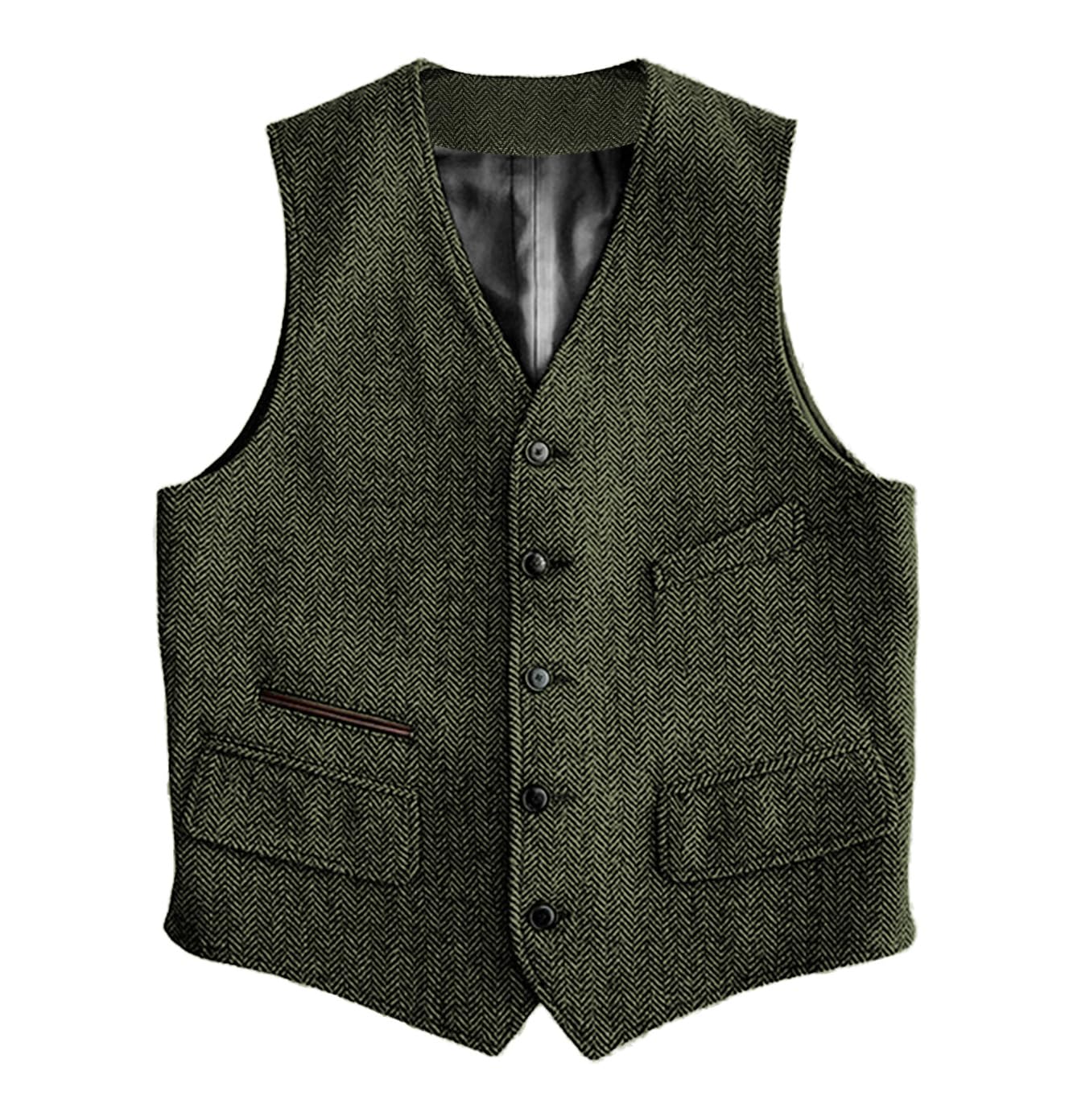 SOLOVEDRESS Mens Vintage Classic Herringbone Pattern Suit Vest V Neck Casual Wool Blend Waistcoat for Men