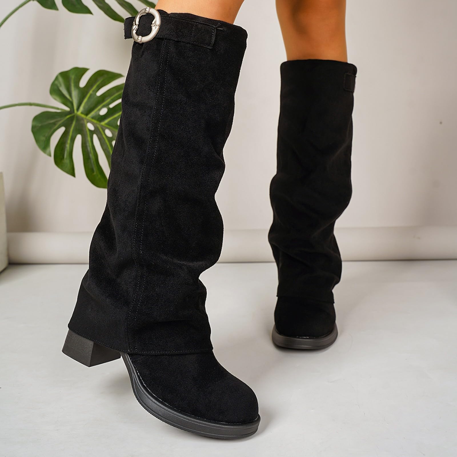 Overknees Stiefel Damen Shark Boots Schwarze Stiefe Slouchy Boots - Spitzer Zehenbereich Plateauabsatz Langschaft Knee High Boots Winter Warme Leder Mode Komfort Dressy