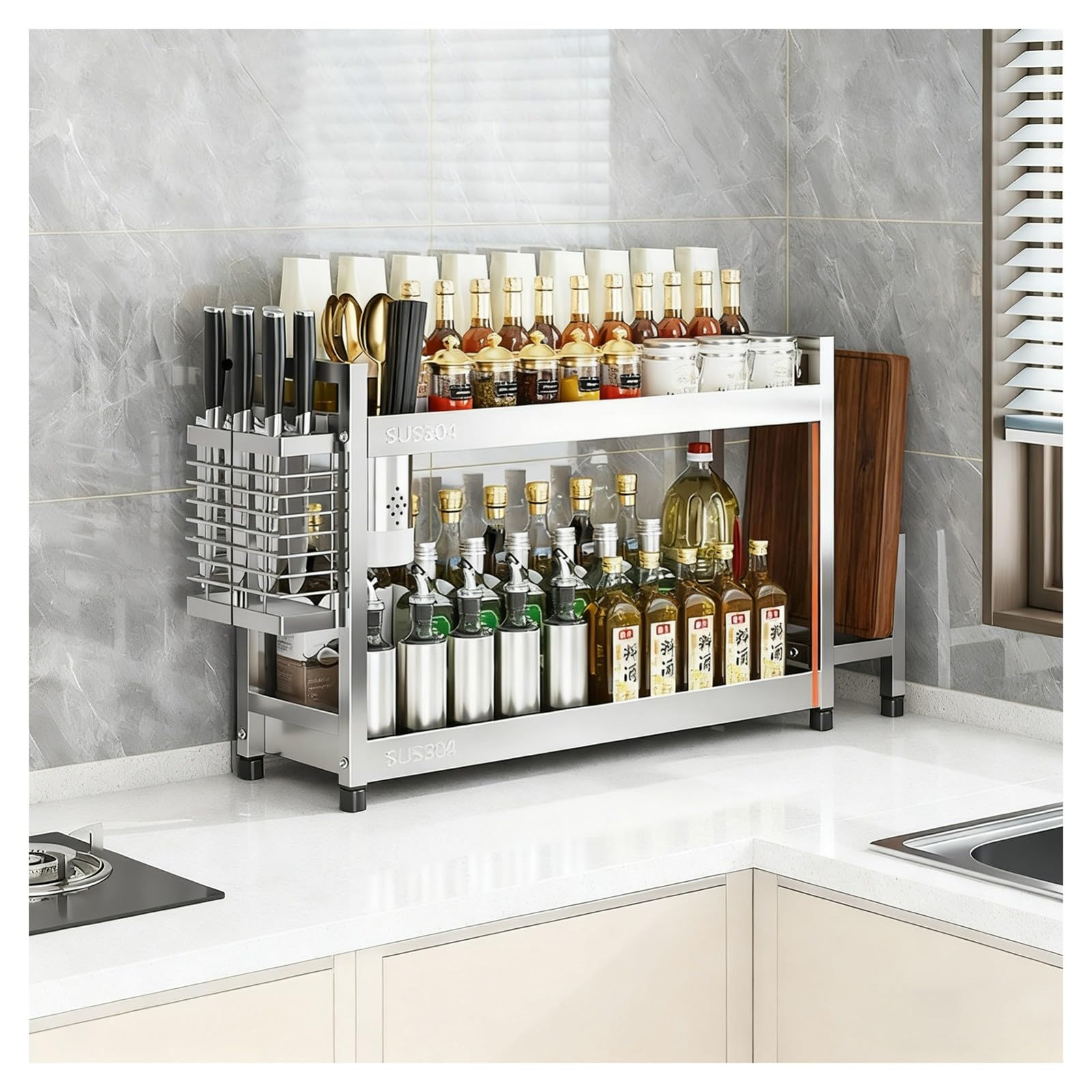 TIANQIHAO Stainless Steel Spice Rack Nizer For Kitchen Worktop, Space-Saving Design With Cutlery Holder And Cutting Board Shelf,2 Tier-50cm/19.7