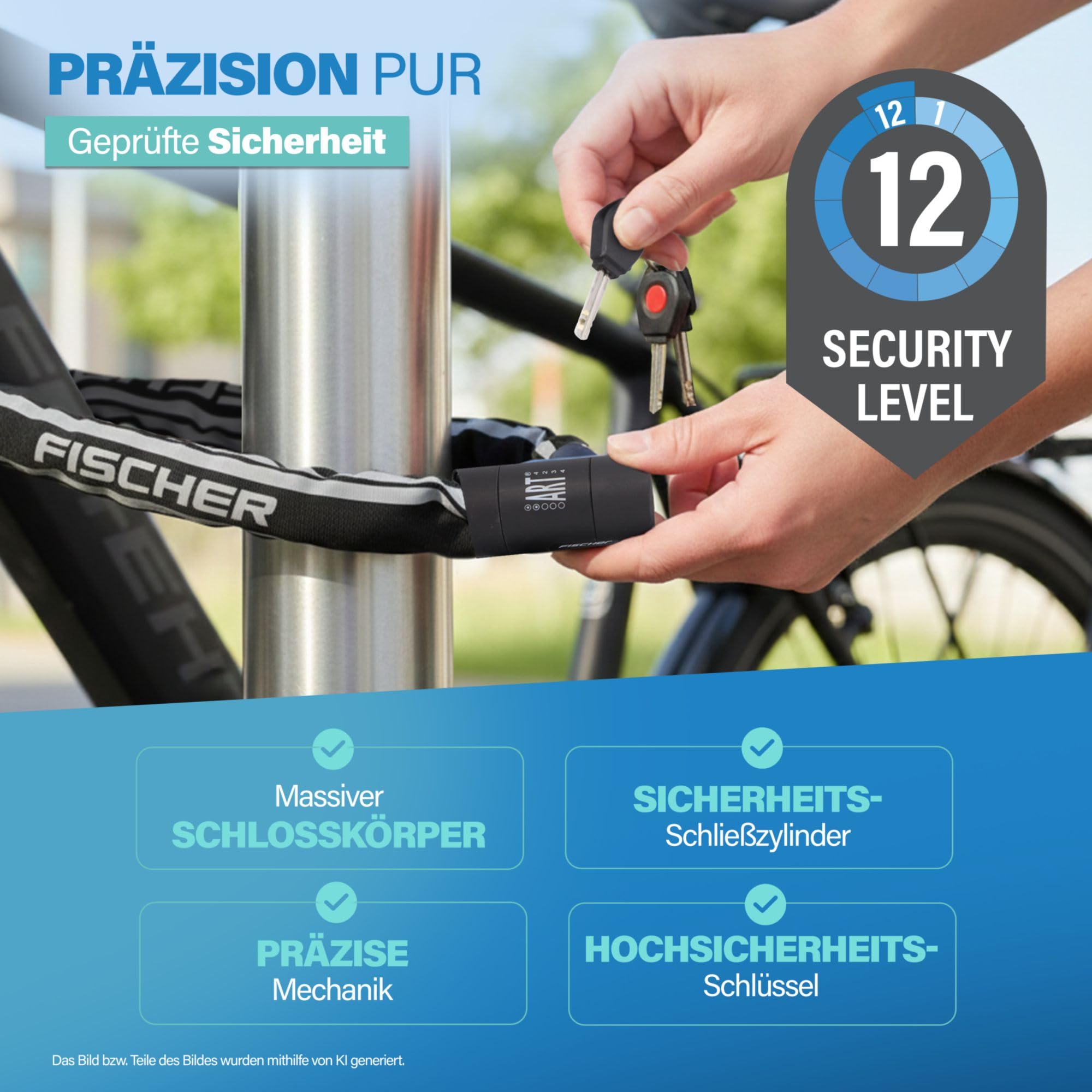 FISCHER PROTEC Plus+ CK100 - Lucchetto a catena per bicicletta, in acciaio, certificato di sicurezza, con 3 chiavi, colore: nero, 1 pezzo