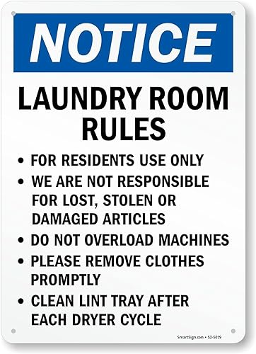SmartSign Reglas de lavandería "Uso residente, no responsable de daños, quitar rápidamente, limpiar pelusa", 14 x 10 pulgadas, aluminio laminado