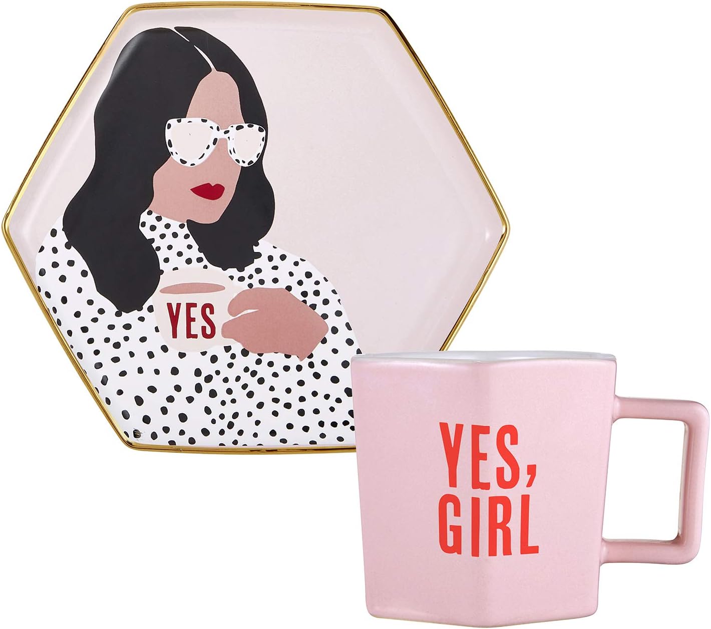 Creative Brands Slant CollectionsHexagon Mug & Saucer Set, 6-Ounce, Yes, Girl