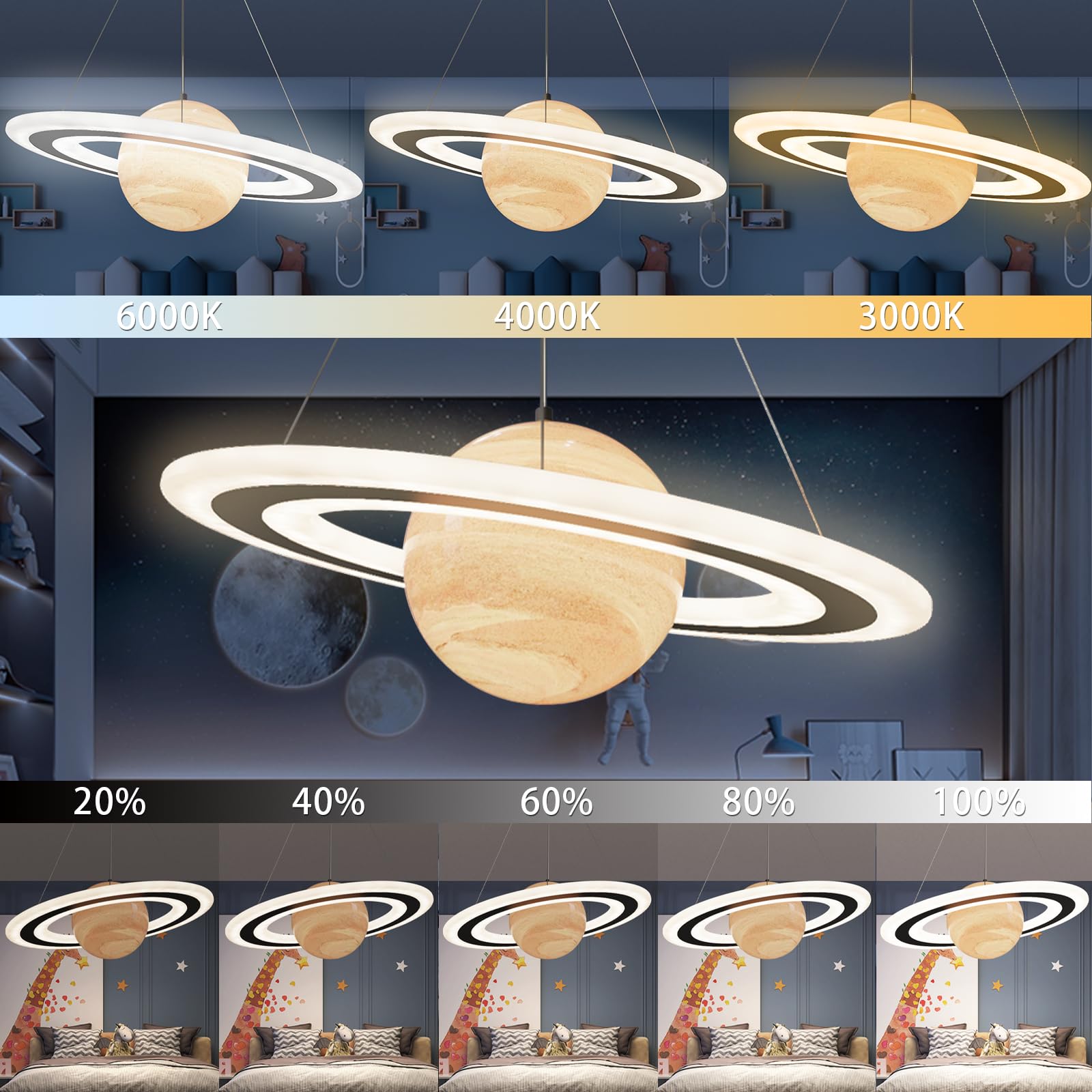 DROMEZ Lampadario Cameretta Bambina Pianeti, 40W LED Lampadario Camera da Letto Bambini con Telecomando, Dimmerabile Lampada a Sospensione con Rotonda Paralume Vetro, per Ragazzi Ragazze