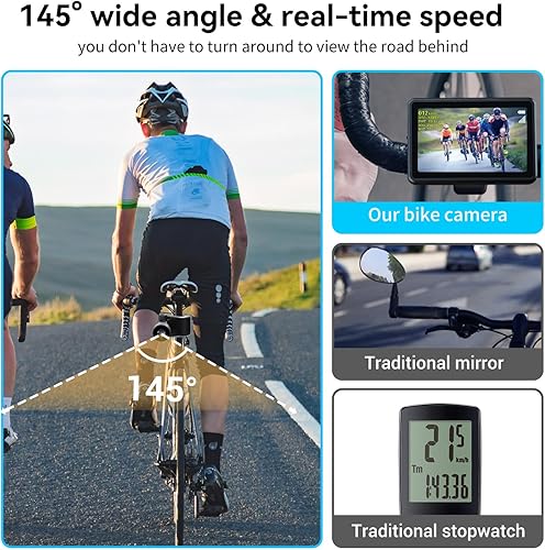 Miniatura 6 de FEISIKE Cámara de bicicleta con pantalla de 4.3 pulgadas, espejo de bicicleta de visión nocturna gran angular de 145 con ciclocomputadora,