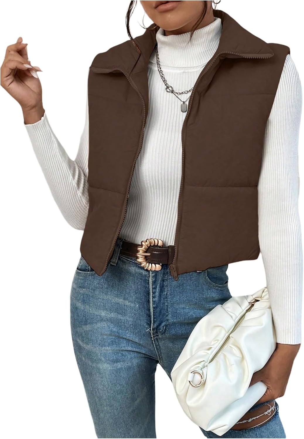 Milumia Women's Zip Up Cropped Puffer Vest Sleeveless Collared Padded Coats Fall Outerwear