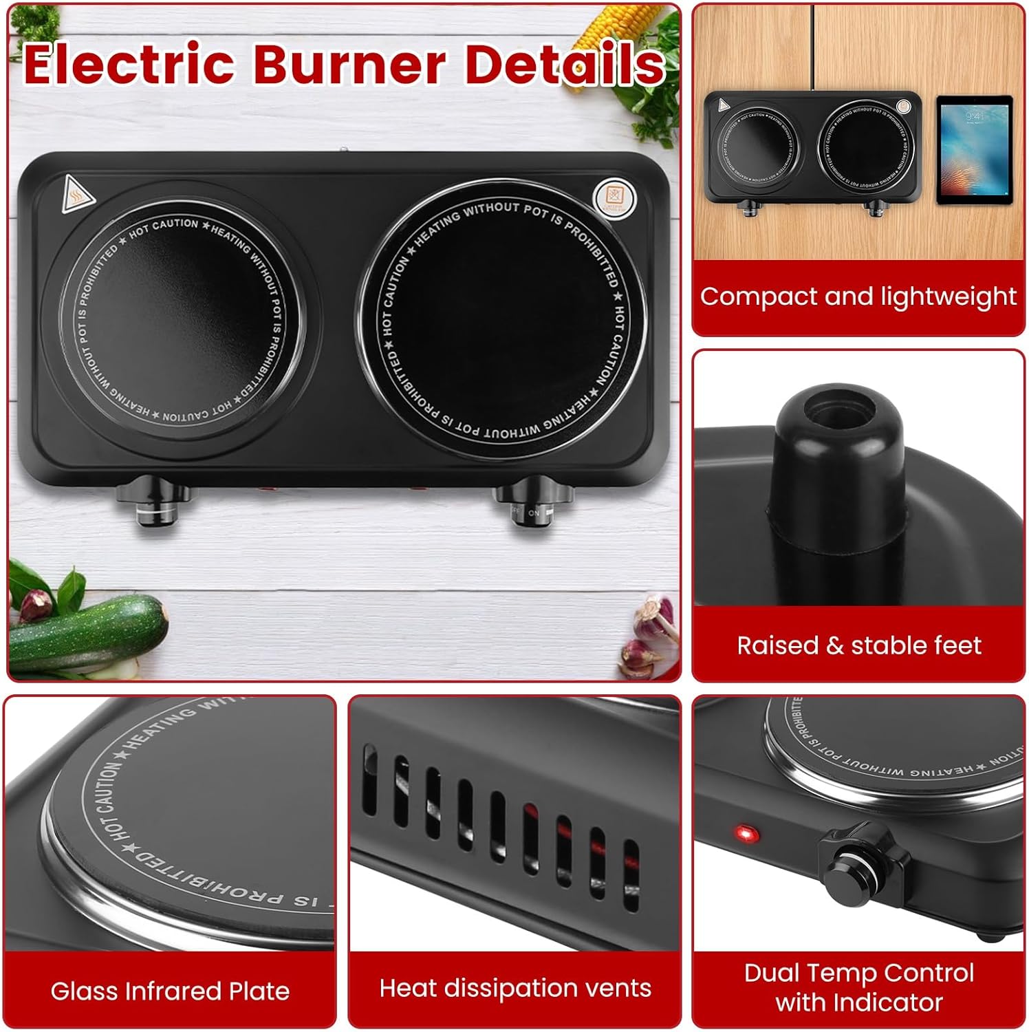 Infrared Double Burner, 2000W Electric Hot Plate, Portable Heating Cooking Stove, Countertop Burner with 7.5” & 6.3” Glass Plate Electric Cooktop with Stepless Temperature Adjustments