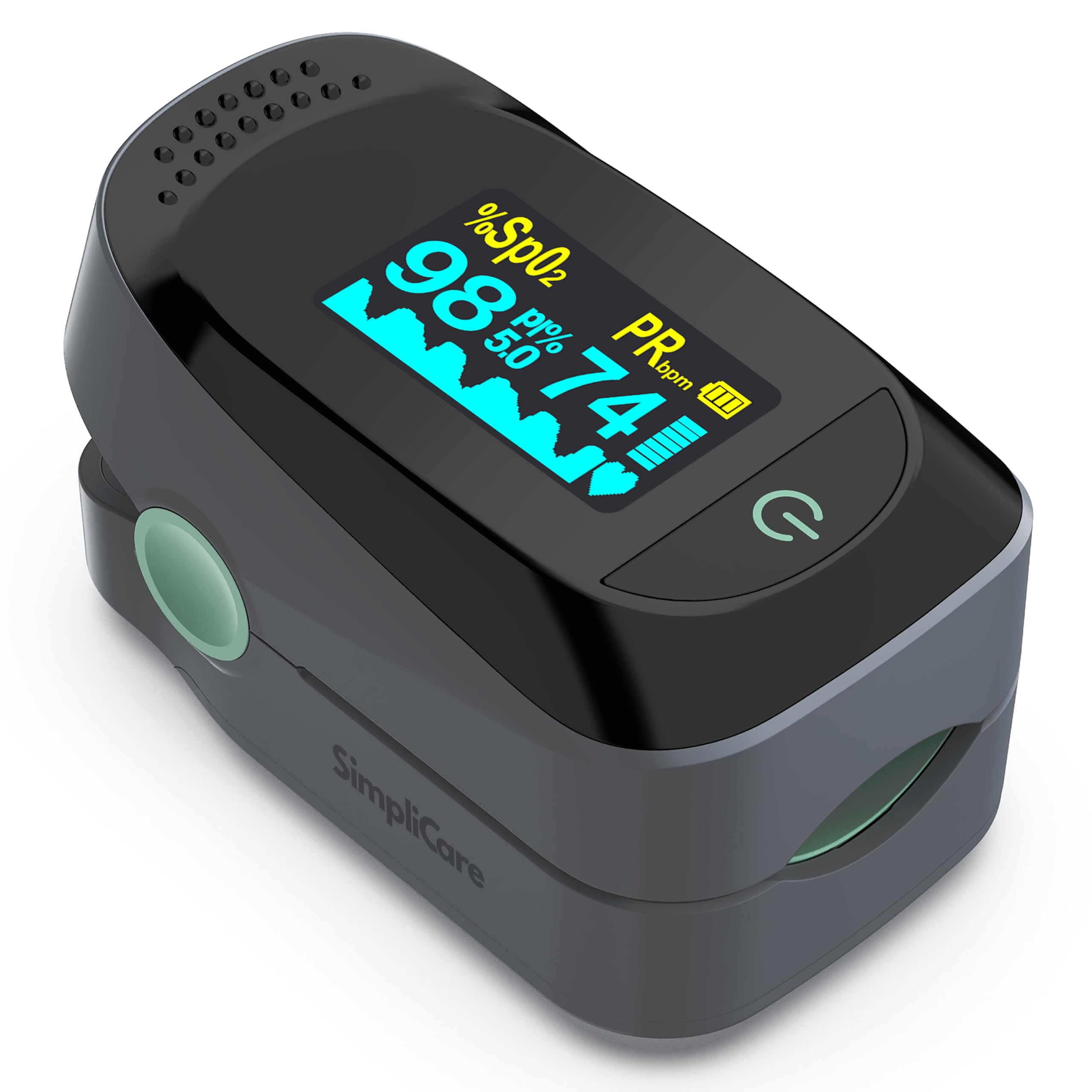 SimpliCare Fingertip Pulse Oximeter, Blood Oxygen Monitor SpO2 O2 Sensor & Heart Rate Monitor, Pulse Ox with PI & Plethysmograph, Color OLED Display 4-Way Rotation, 40H Battery, EVA Case (C101A2)
