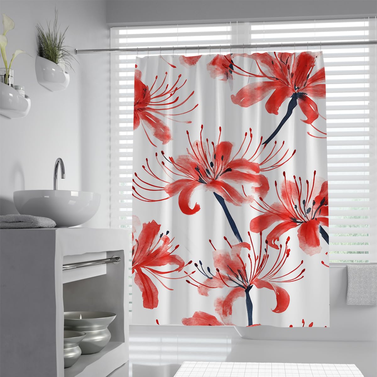 UIRINGART Vintage Lily Shower Curtain W200xL220cm Red Watercolor Floral White Background Mildew Resistant Waterproof Bath Curtains Bathroom Decor With Hooks