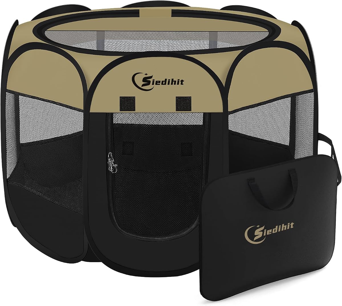 Siedihit Dog Cat Playpen, Medium Puppy Pet Playpen, Dog Crate Tent Cage | Indoor/Outdoor, Portable Pop Up Dogs Kennel Playpen with Carrying Case for Dogs/Cats/Rabbits(Black Khaki, Medium)