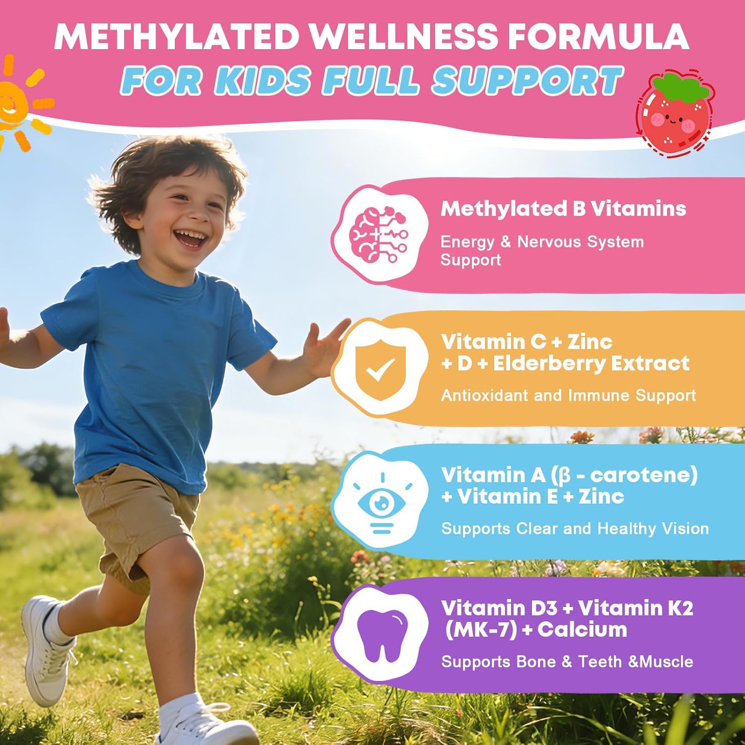 Kids Multivitamin Gummies with Omega-3 (Dha+Epa), Methylated B12 & Folate, B6, B2 & Elderberry, Vitamin D3, C, A, E, Zinc, Postbiotics, Choline | for Brain, Eye & Immune, Clean, Sugar Free, 60 Cts - Image 3