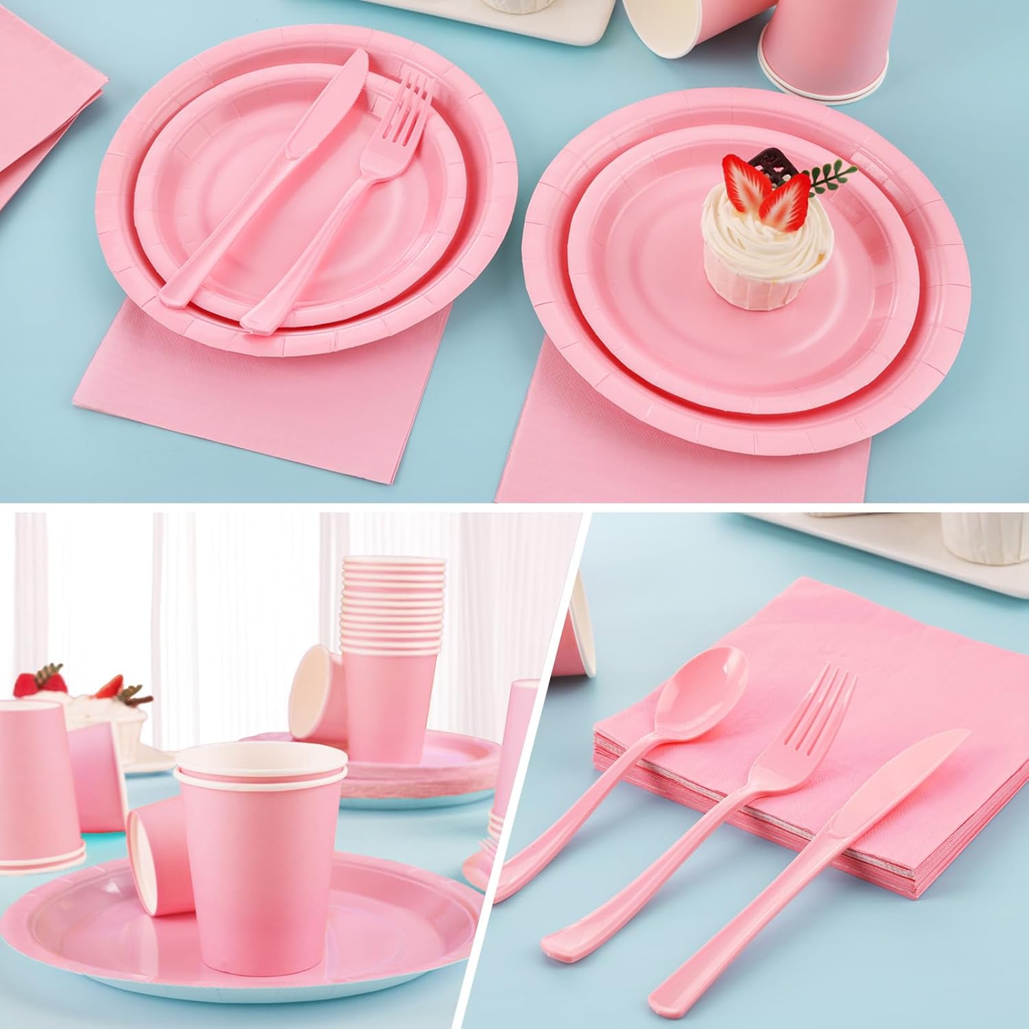 168PCS Light Pink Paper Plates and Napkins,Pink Disposable Plates Set with Utensils Serve 24 Guests for Baby Shower Graduation Valentines Day Party Decorations Party Supplies - Image 4