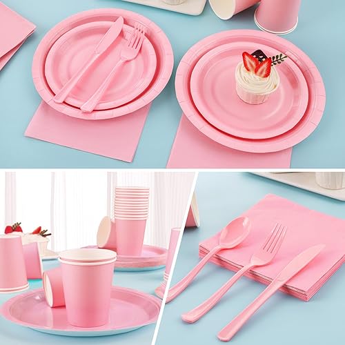 Miniatura 4 de Juego de 168 platos y servilletas de papel rosa claro, juego de platos desechables rosa con utensilios para 24 invitados para baby shower,