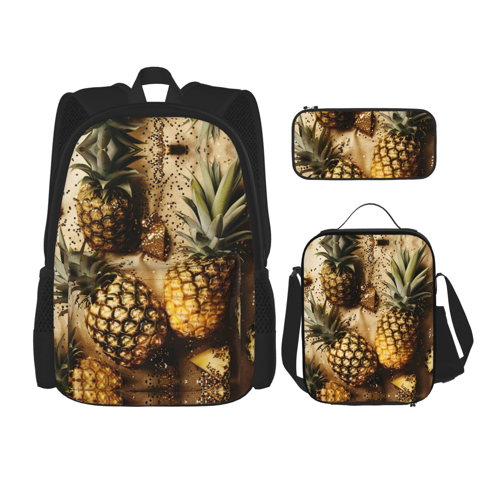 Zainetto con ananas e frutta, 3 pezzi, 40,6 cm, per la scuola, con scatola per il pranzo, grandi zaini per la scuola elementare, Nero , Taglia unica, Set di zaini per la scuola
