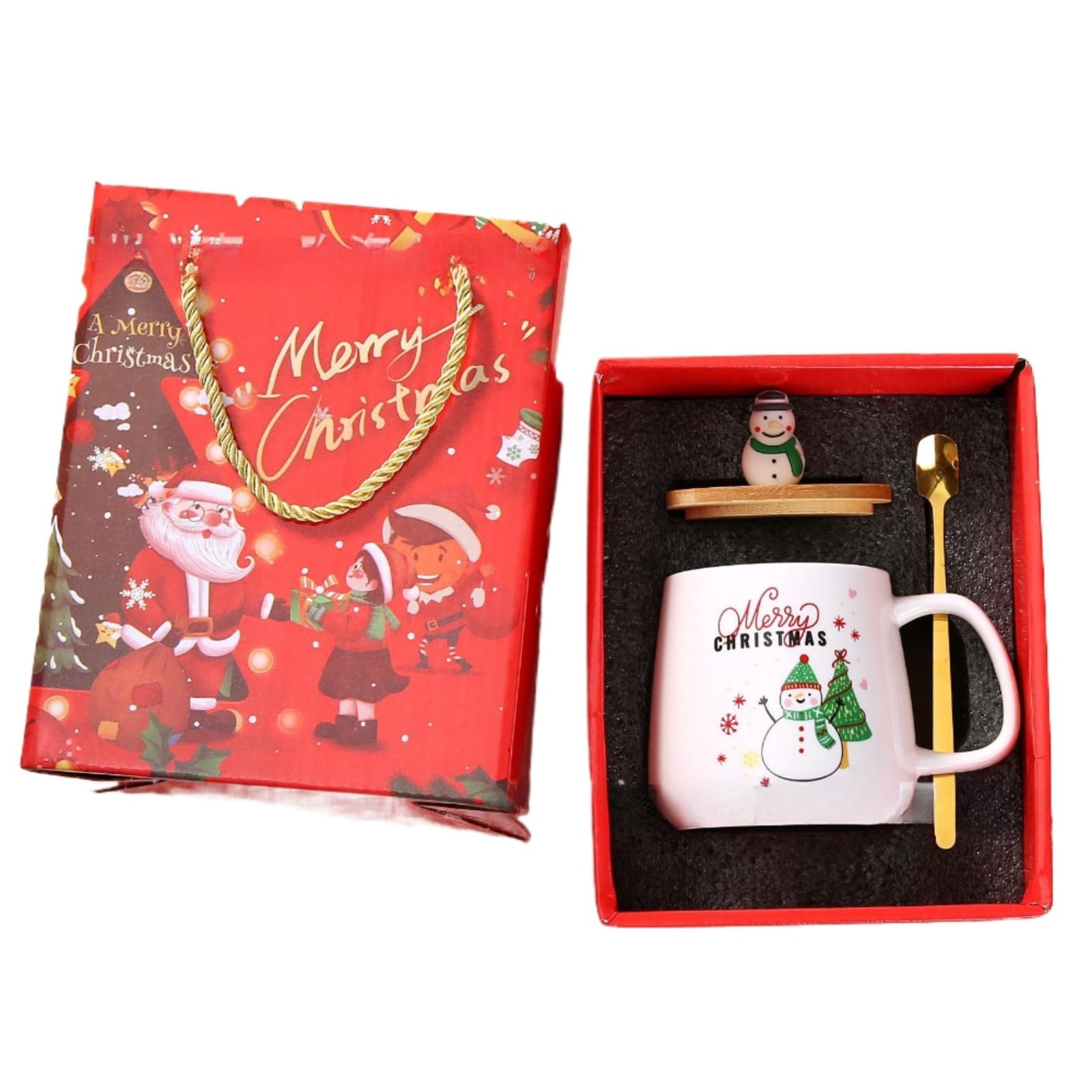 Christmas Ceramic Mug with Lid with Spoon Creative Cartoon Mug Coffee Cup Gift Box (B (Snowman))