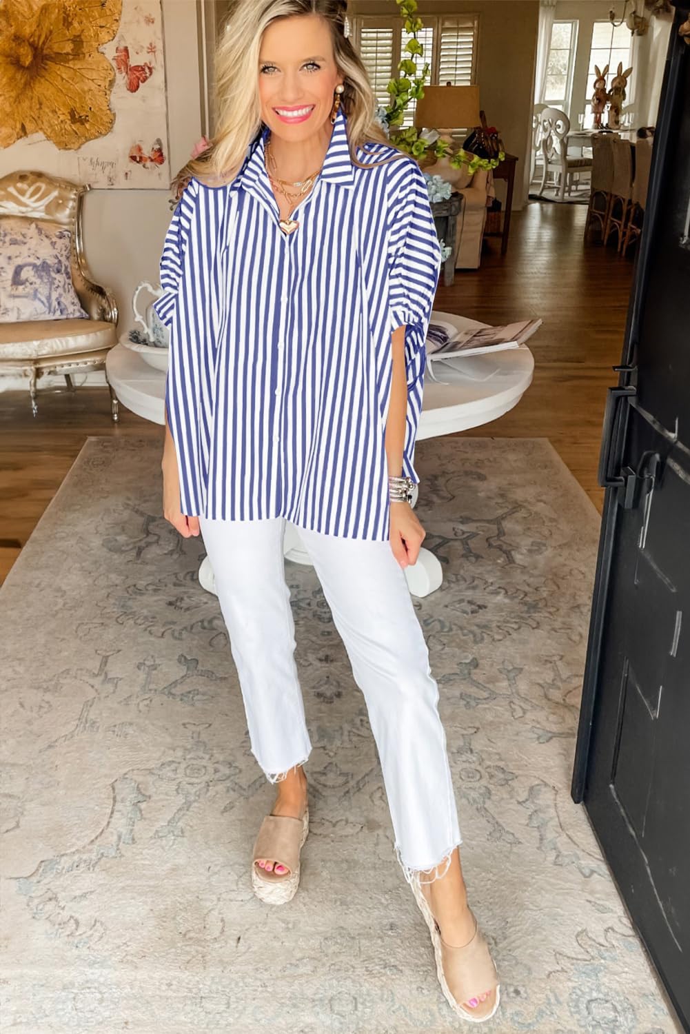 Women 2025 Summer Stripe Dolman Sleeve V Neck Oversize Shirt Tops Casual Button Up Short Sleeve Striped Blouse - Image 6