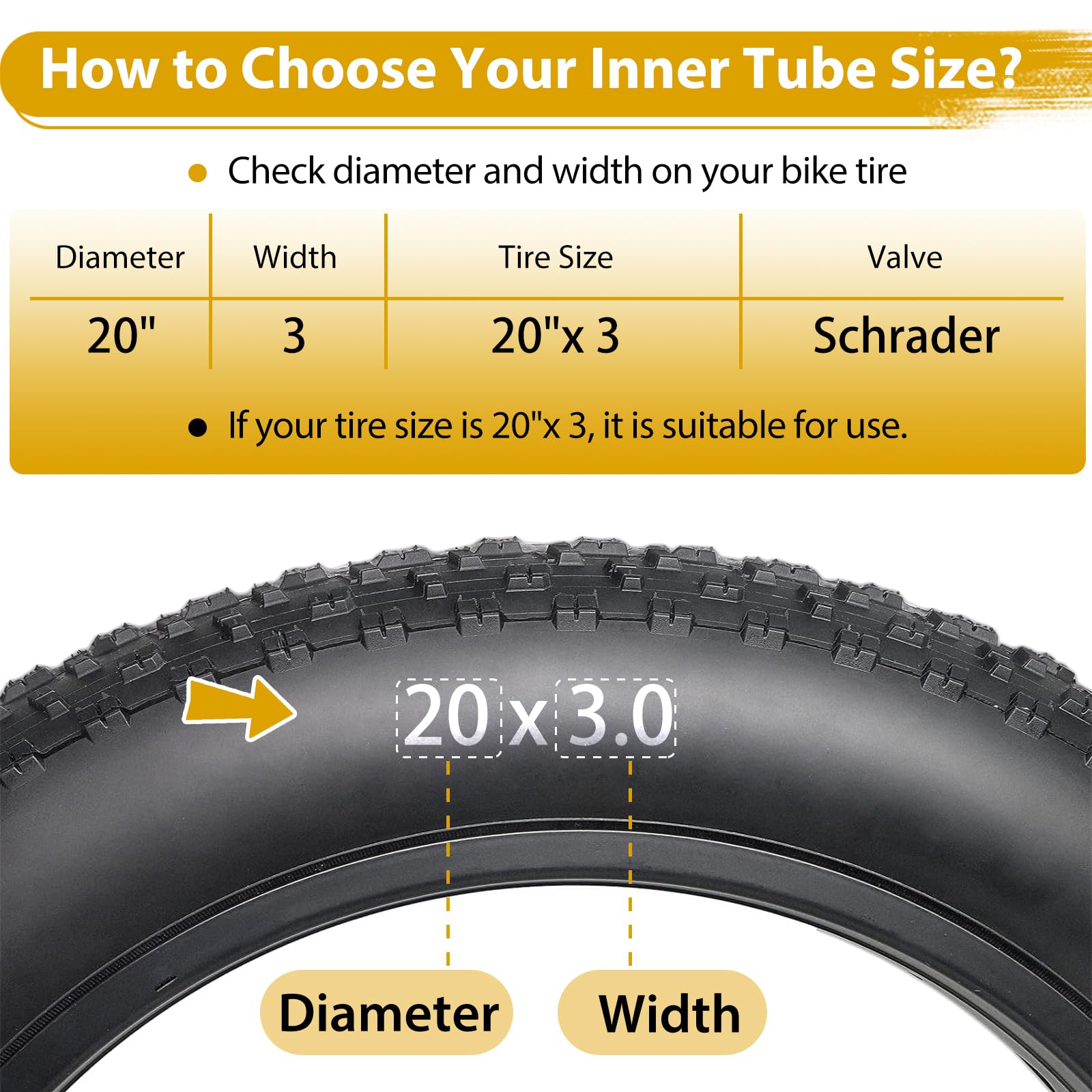 Paquete de 2 tubos de neumático grueso de 20 x 3.0, válvulas Schrader a prueba de pinchazos para neumáticos de bicicleta de 20 x 3, tubo interior de goma de butilo para bicicleta eléctrica, bicicleta