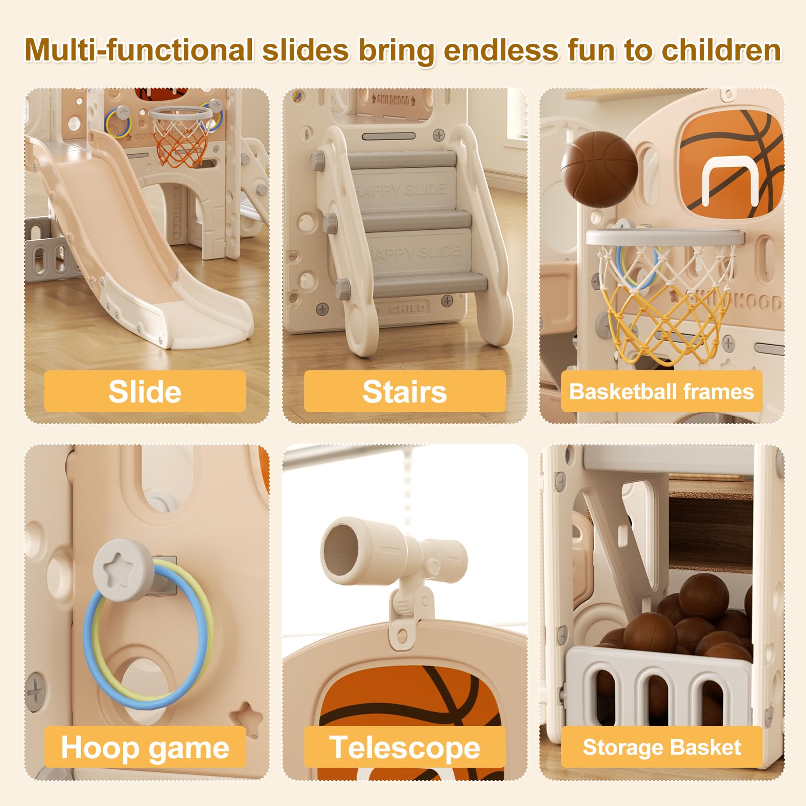 Tobogán,Toboganes Infantiles con Escalera para Trepar, Canasta de Baloncesto, Locomotora, Prismáticos, Trompeta, el Tobogán es Apto Tanto para Exterior como para Interior, a Partir De 1 Año