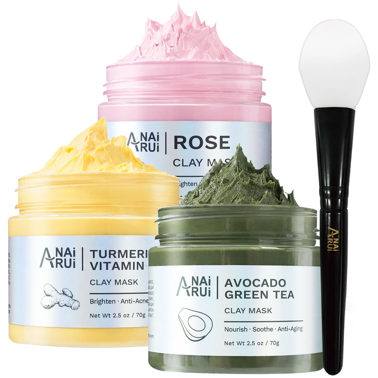 ANAI RUITurmeric Vitamin C Clay Mask -Rose Facial Mask -Avocado Green Tea Mud Mask,Facial Mask Skincare for Deep Cleansing,Purify Pores 2.5 oz each