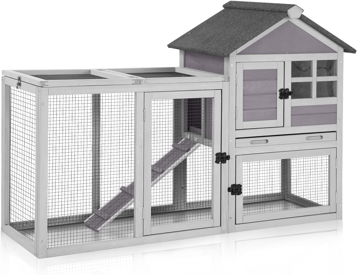 GUTINNEEN 51.6" Large Rabbit Hutch with Chew-Proof Ramp, Small Chicken Coop with Run for Outdoor, Indoor Bunny Cage Guinea Pig House with Leak-Proof Tray (Grey)