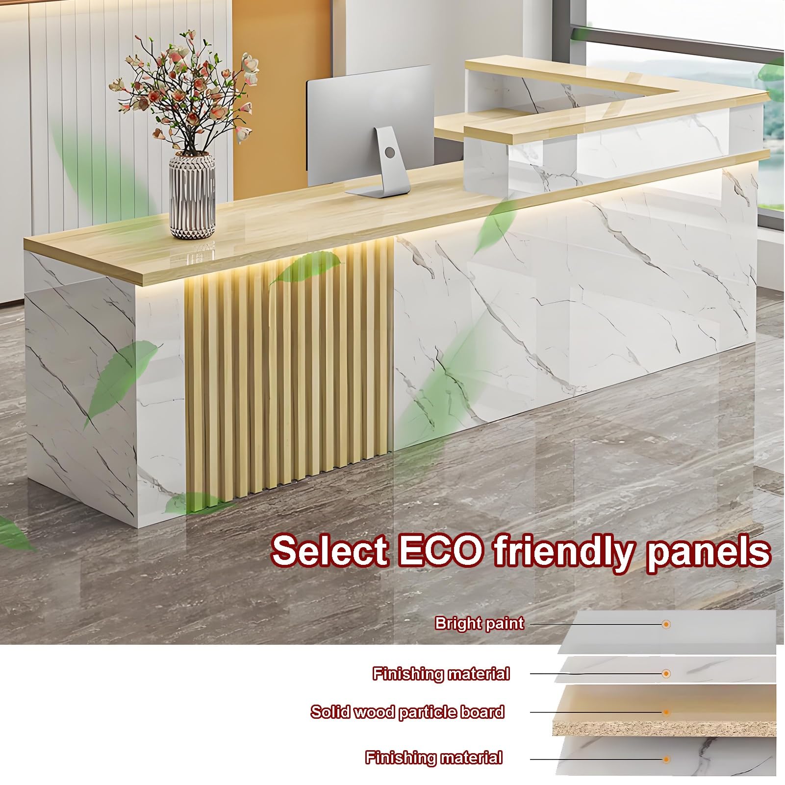 blat recepcyjny z oświetleniem LED i zamykaną szufladą, lada recepcyjna, lada sklepowa, stół w recepcji do kasy, salon kosmetyczny, hol(Walnut L,140cm/55in)