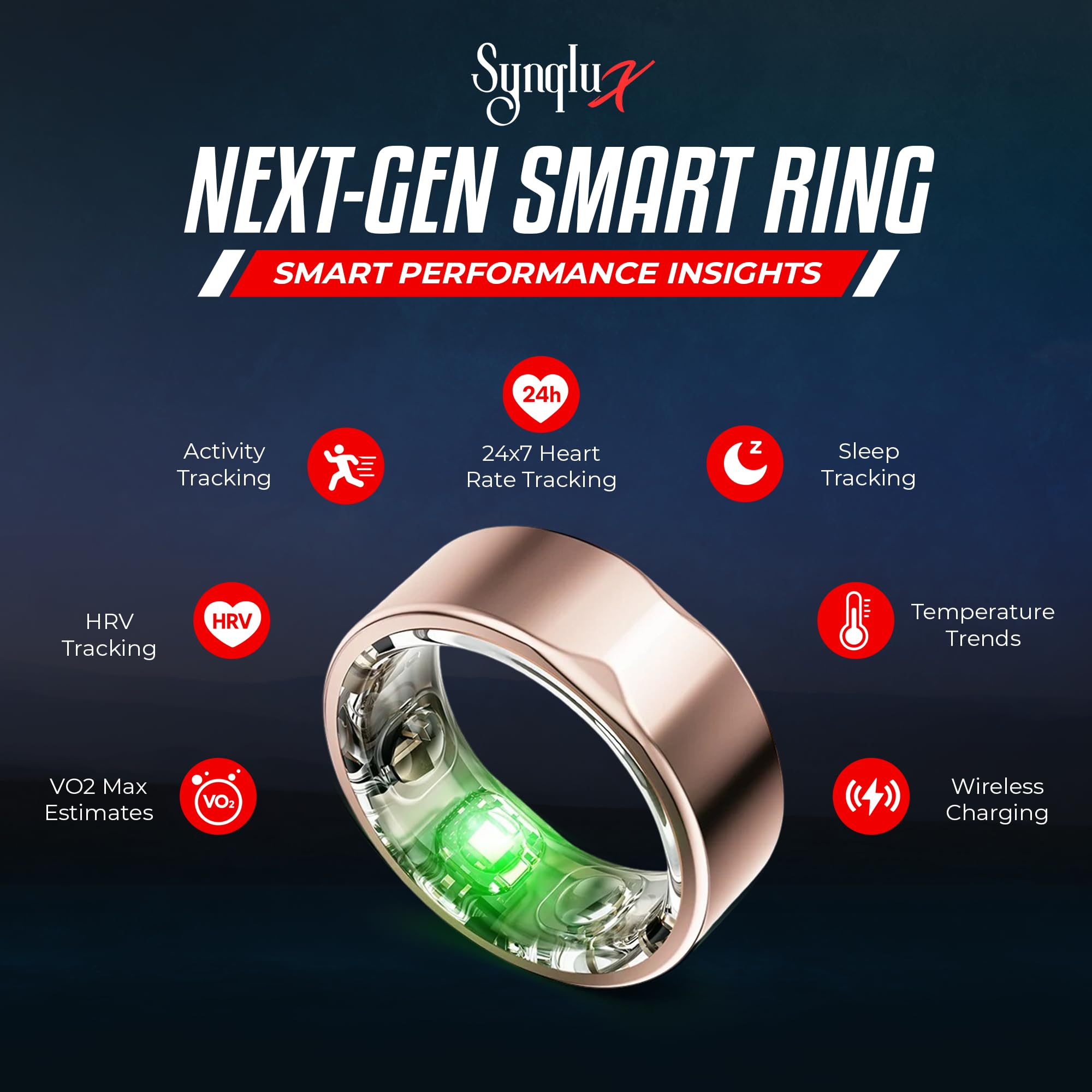Anello intelligente in titanio (oro rosa misura 10) - Anello di monitoraggio fitness e sonno con cardiofrequenzimetro, activity tracker, batteria 10 giorni, senza abbonamento, unisex