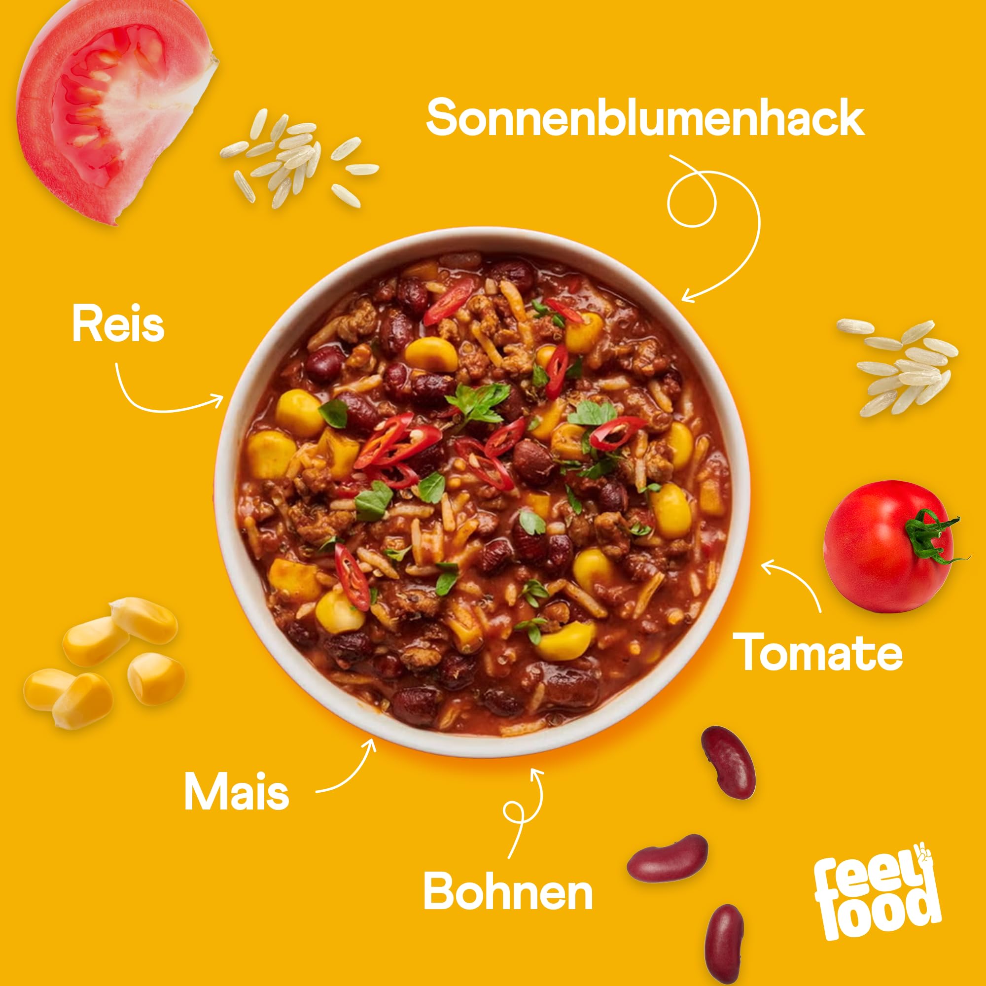 Feel Food – BIO Instant Lunch Chili Sin Carne vegan 8er Probierpaket – Fertiggericht mit Sonnenblumenprotein-Geschnetzeltem, Reis, Bohnen, Mais etc. – Schnell & sättigend – Ohne Konservierungsstoffe