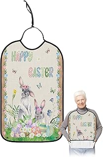 BOBOWUNY Spring Easter Adult Bibs for Elder Women Men Eating, Colorful Eggs Bunny Floral Easter Basket Farm Wood Waterproof & Washable Bibs for Eating Clothing Protector Dining Bibs for Crumb Catcher