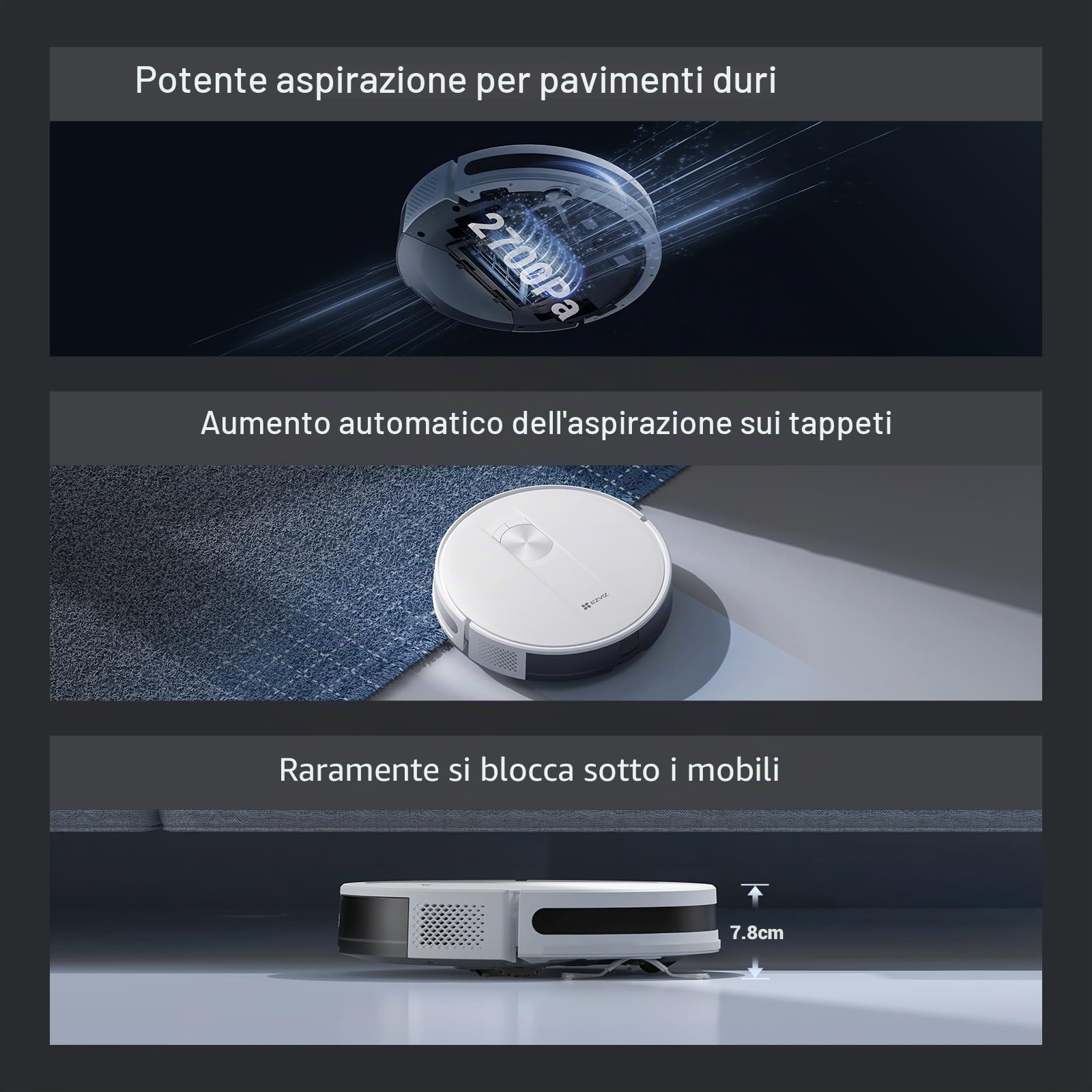EZVIZ Robot Aspirapolvere con Base a Svuotamento Automatico Polvere, Aspirazione 2700Pa, Adatto a Tappeti, Peli Animali, 3 Modalità di Pulizia, Batteria da 190 min, Controllo Telecomando, RC3 Plus
