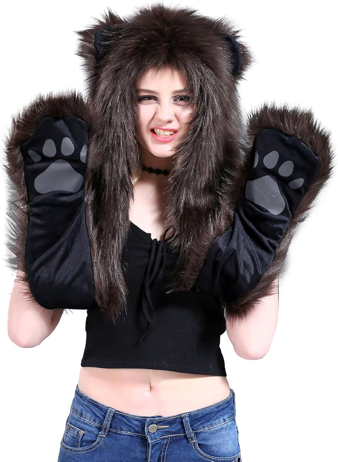 Winter Faux Fur Animal Hat Pocket Mittens Hooded Scarf Paw Gloves Plush Warm Hoodie Cap Halloween Cosplay Party Costume