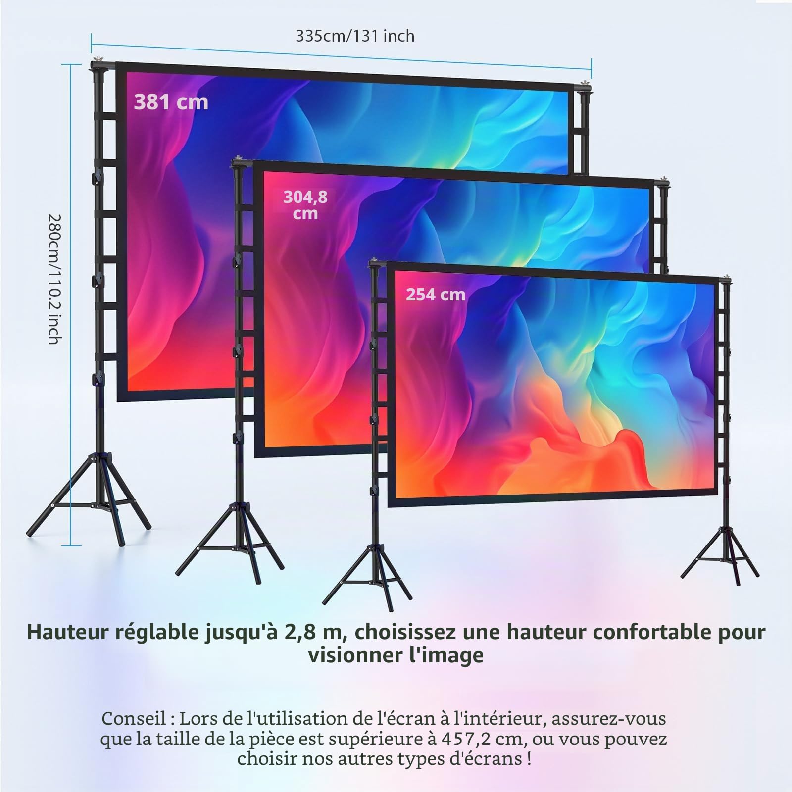 Écran de Projection 150 Pouces avec Support Portatif, LEORFI Portable Extérieur Écran, 16:9 4K Full HD Écran Vidéoprojecteur de Cinéma en Intérieur, Réglable en Hauteur, pour Home Cinéma et Camping