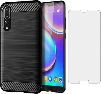 Asuwish Phone Case for Huawei P20 Pro with Tempered Glass Screen Protector Cover and Cell Accessories Slim Soft TPU Silicone Rubber Protective Hawaii P 20Pro 20 P20pro Women Men Carbon Fiber Black