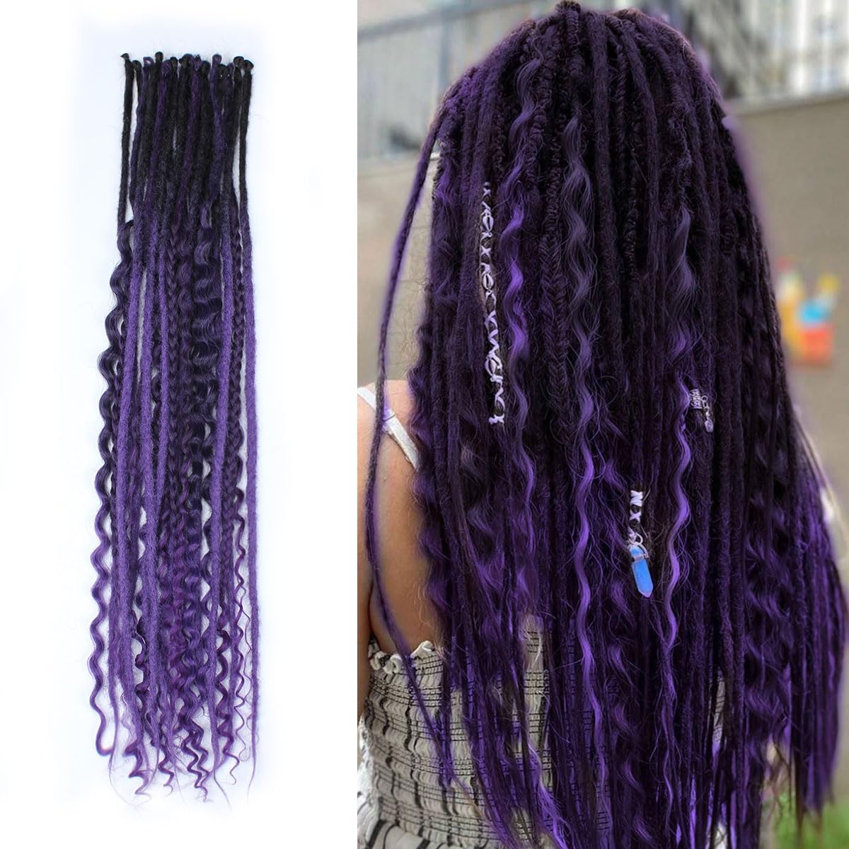 KRALER 24 Inch Mixed SE Dreadlock Extensions Sets, 3 in 1 20 Strands Synthetic Single Ended Dreads Extensions, Ombre Purple Hippie Dreads Style for