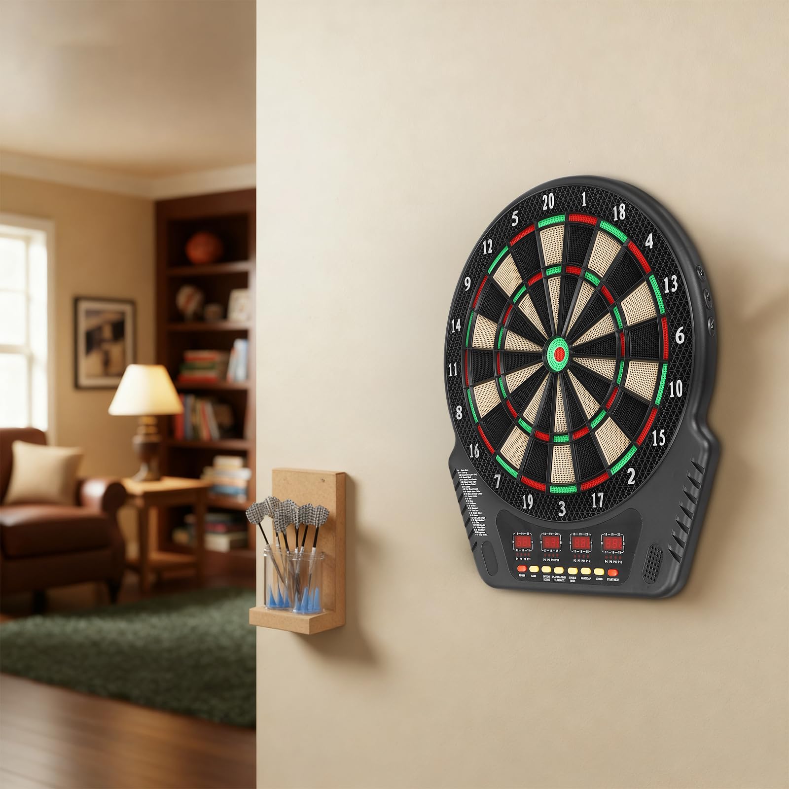 Elektronische Dartscheibe mit 6 Dartpfeilen und 27 Spielarten, automatischer Dartautomat für bis zu 16 Spieler, ideal für Party, Freizeit und Familienabende