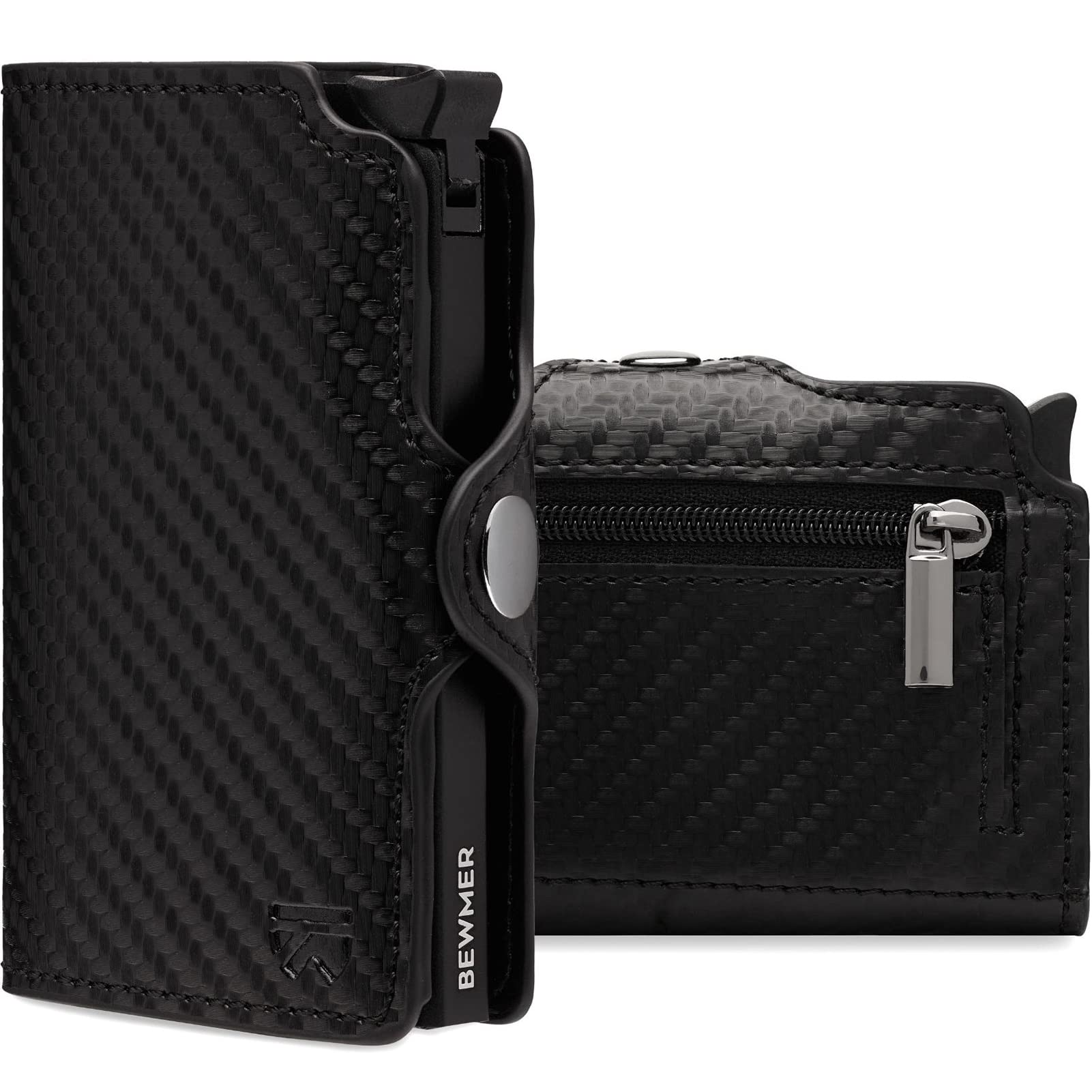 BEWMER Porta Carte di Credito 1 ZIP Schermato | Portafoglio Slim da Uomo e Donna | Porta Tessere e Documenti con Rfid Protection e Fermasoldi in Carbon Fiber (Nero Carbon con ZIP)