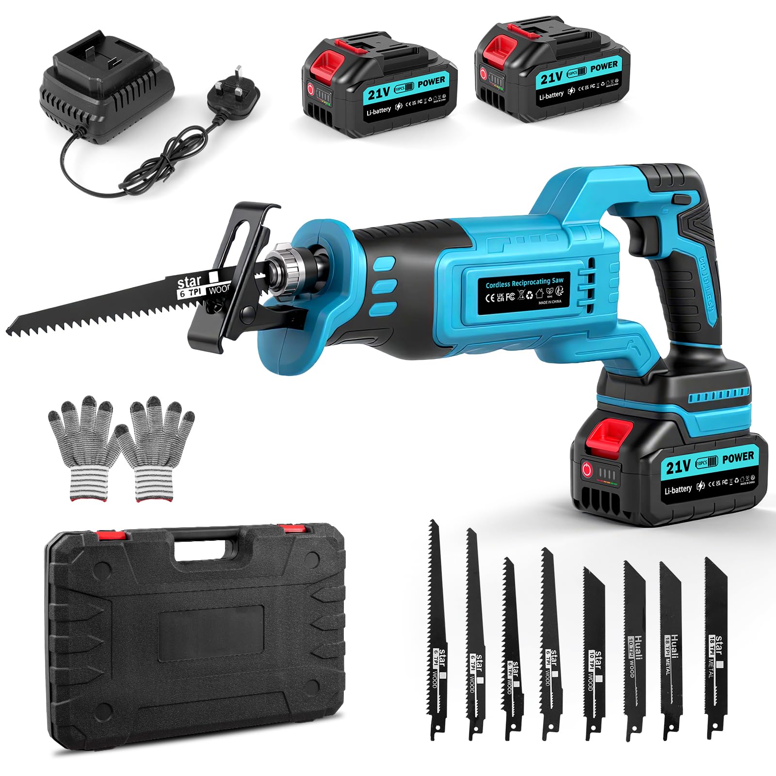 wowspeed 21V Reciprocating Saw, Cordless Electric Reciprocating Saw with 2*4Ah Battery&Rapid Charger, 0-4000RPM Electric Battery Powered Saws with Brushless Motor to Wood Metal PVC Cutting, 8 Blades