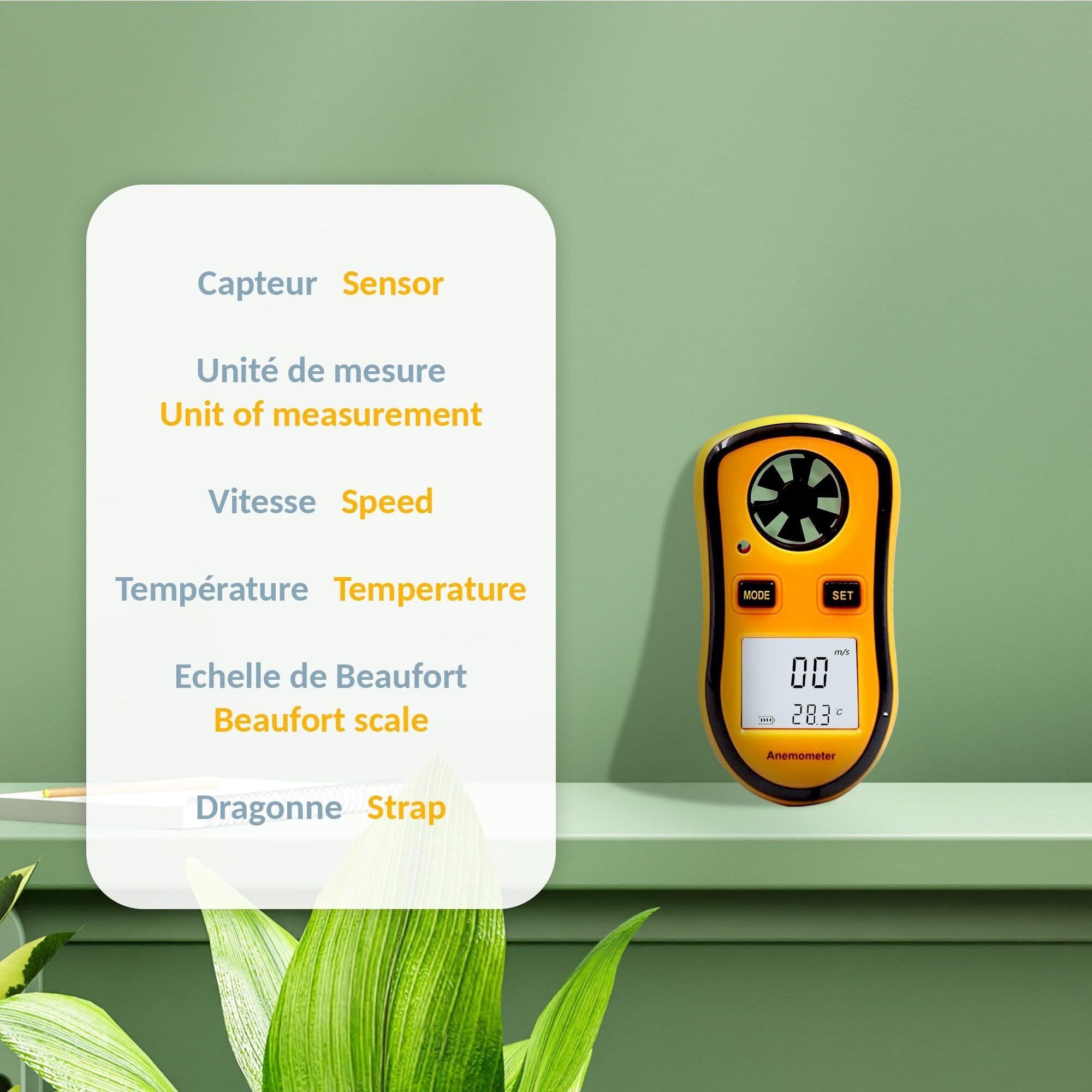 FISHTEC Anémomètre Numérique Portable - Mesure la Vitesse du Vent actuelle/moyenne/maximale + Température - Ecran LCD rétroéclairé - Planche à voile, Pêche, Cerf-volant et Alpinisme - 1 Pile (incluse)