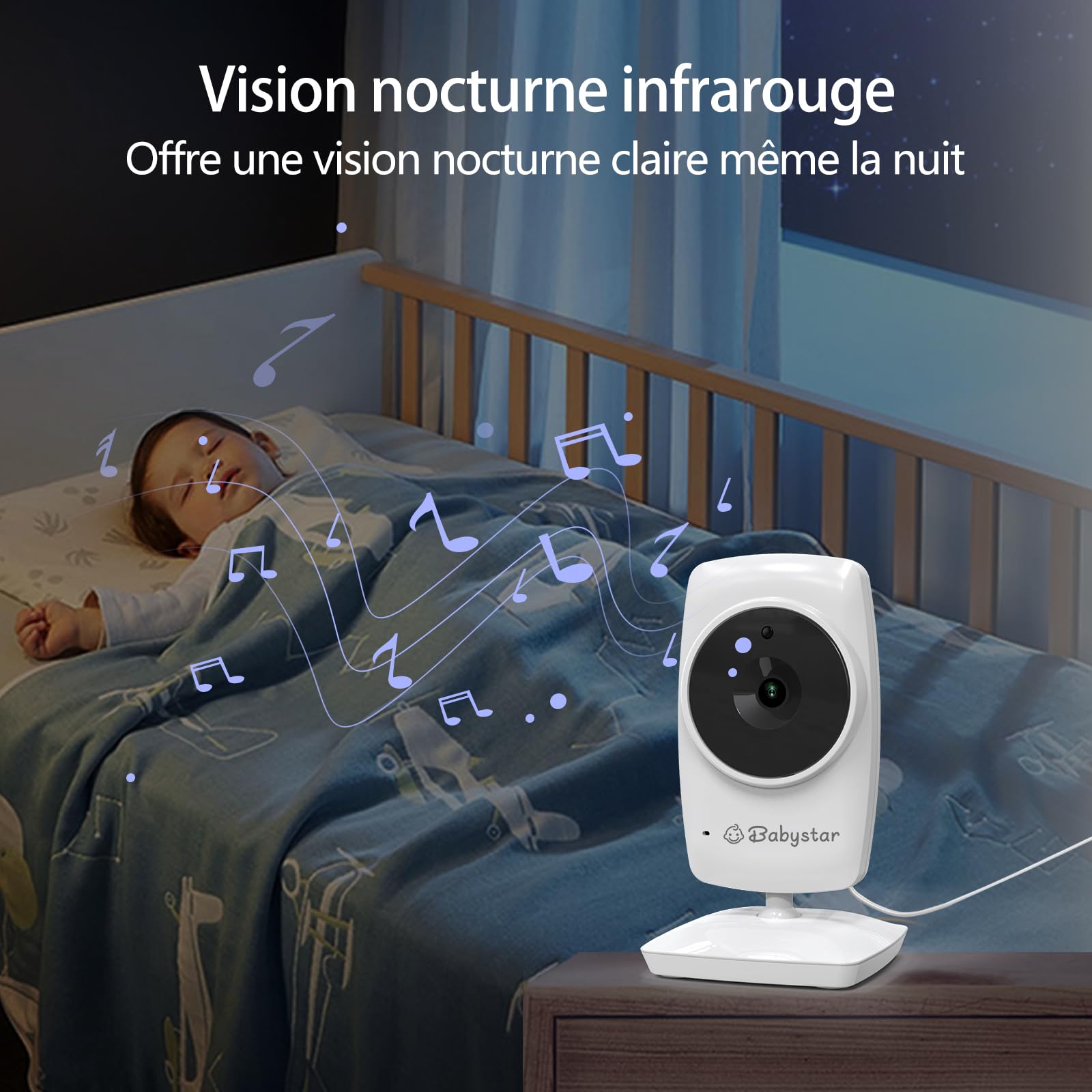 Babystar Babyphone avec caméra pour bébé, écran de 3,2", babyphone sans Wi-FI, Audio bidirectionnel, berceuses, Mode VOX, Vision Nocturne, capteur de température
