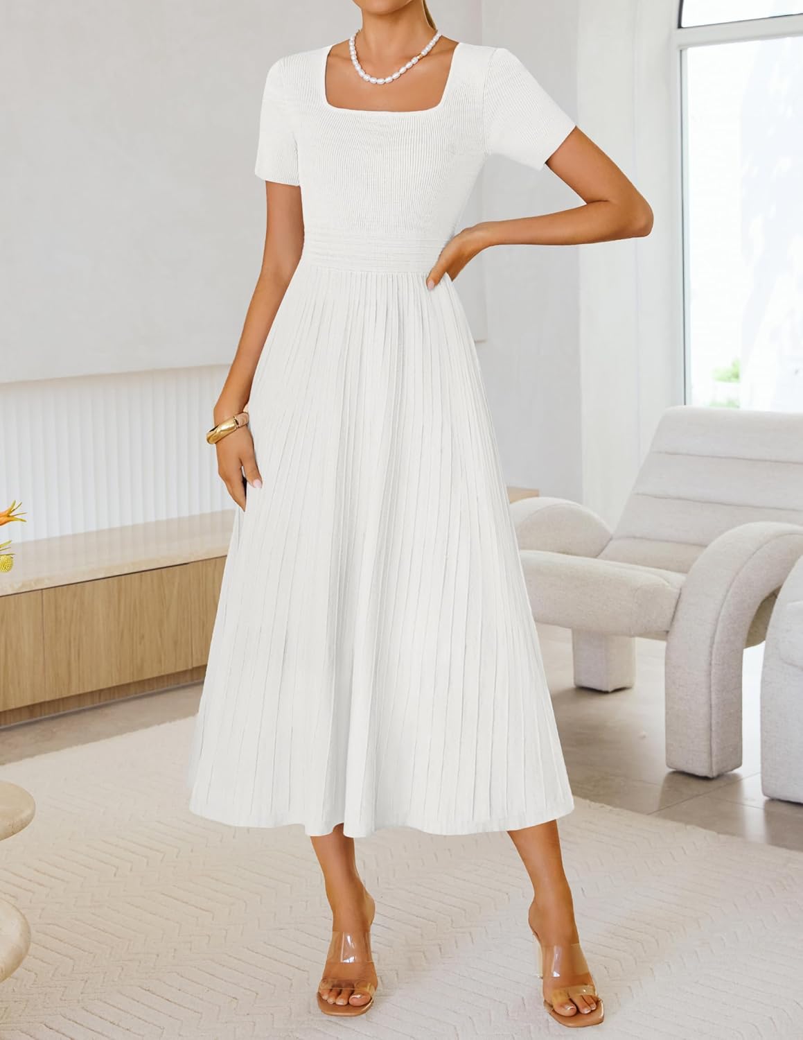 ZESICA Womens Summer Pleated Midi Dress 2026 Spring Business Casual Short Sleeve A-Line Elegant Wedding Guest Party Dresses - Image 3