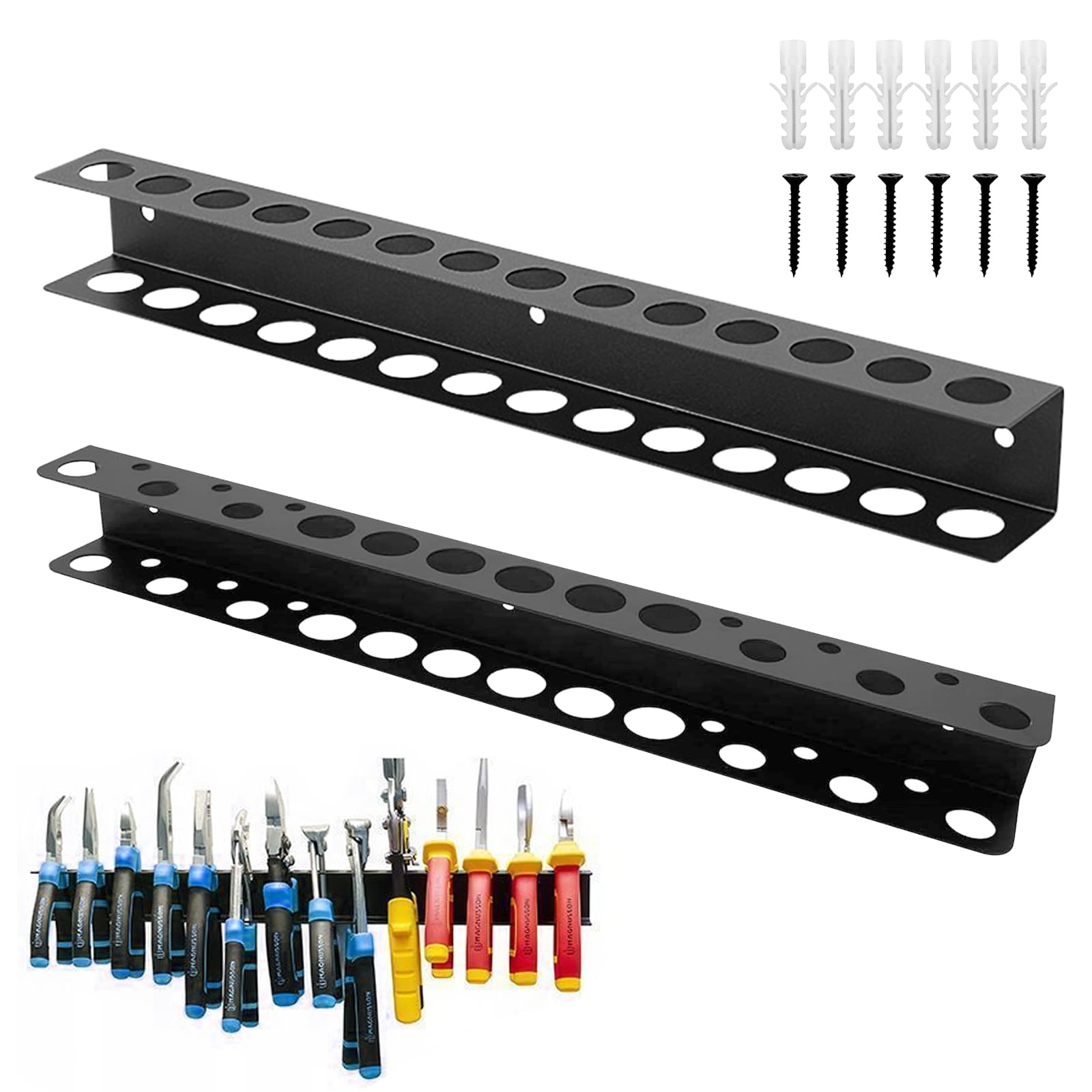 AROMUJOY 2 Stück Werkzeughalter Wand, 40cm Schraubenzieher Halterung, Werkzeug Wandhalterung 14 Löcher, Zangenhalter Schraubendreher Halter für Garage, Werkstätten, Werkbänke (14 Löcher+18 Löcher)