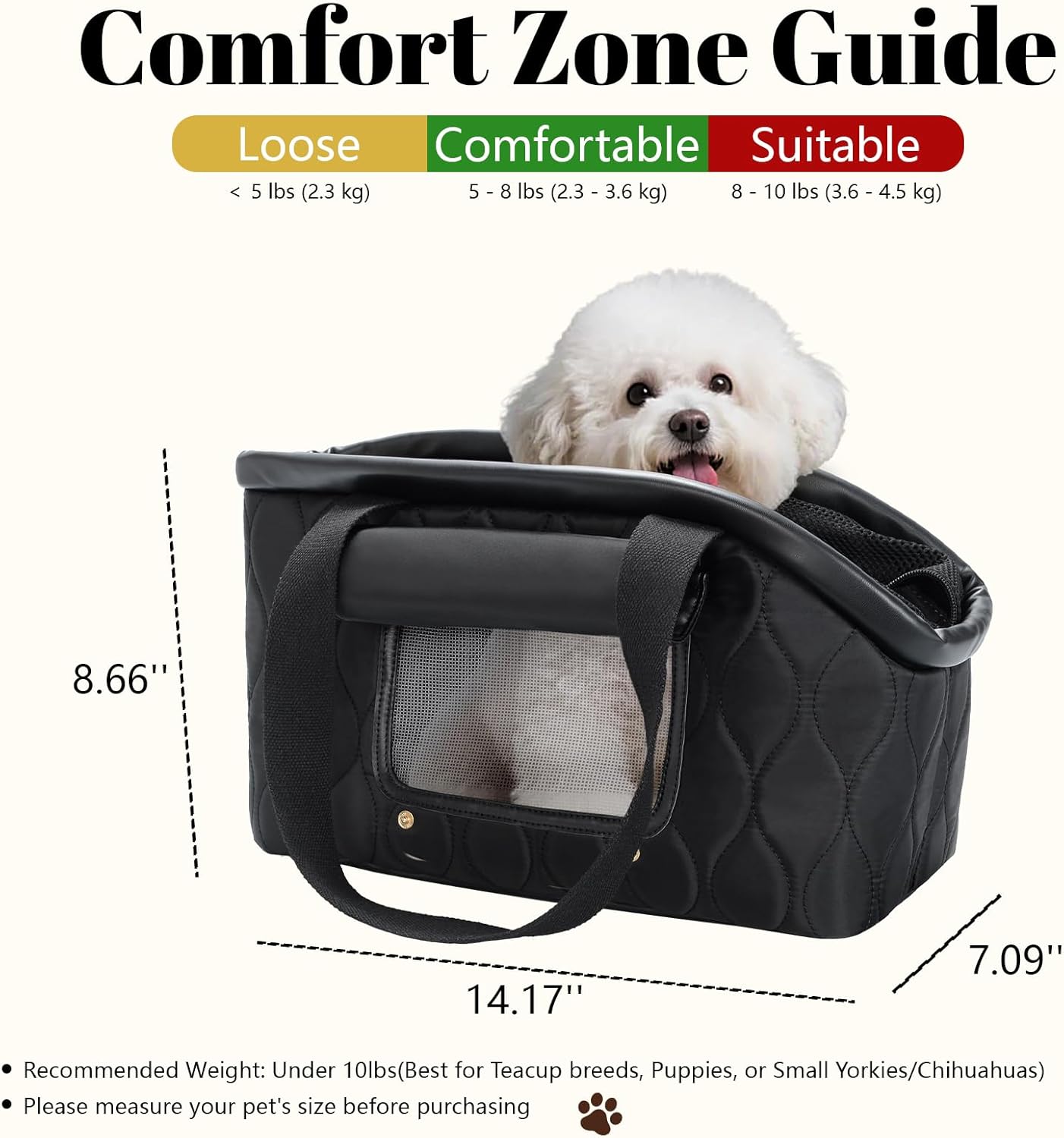 Dog Purse Carrier for Small Dogs Cats, Lightweight Luxury Pet Bag with Pocket for Puppy Kitten, Soft-Sided Travel Dog Bag Tote Up to 10 lbs,TSA Airline Approved (Black, 14.17'' L x 7.09''W x 8.66''H)