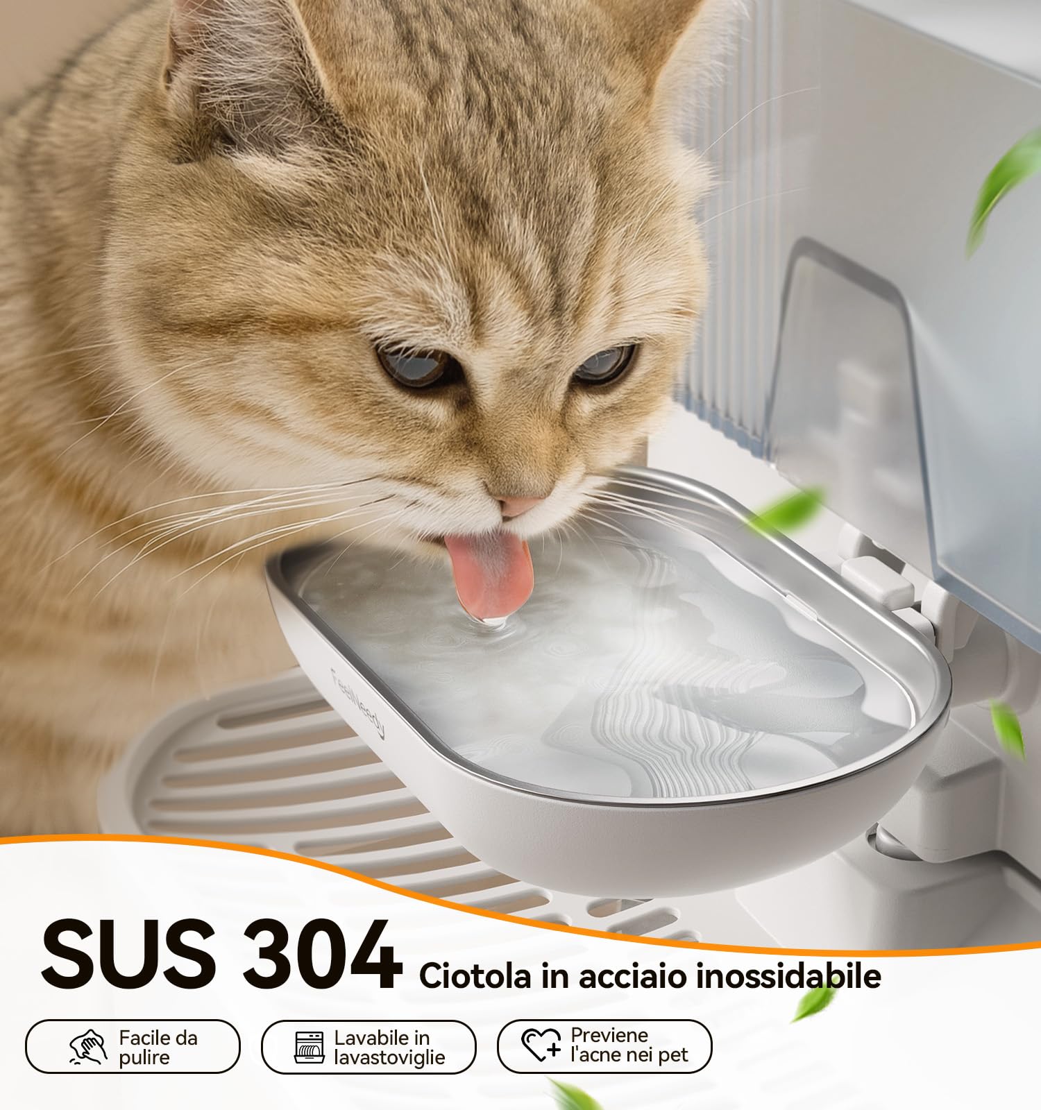 FEELNEEDY Fontanalla per Gatti Senza Filtro E Senza Fili A Batteria da 2000mAh, Separa L'acqua Pulita Da Quella Usata, Ciotola in Acciaio inox, Fontana per Gatto 3.5L, Bianca