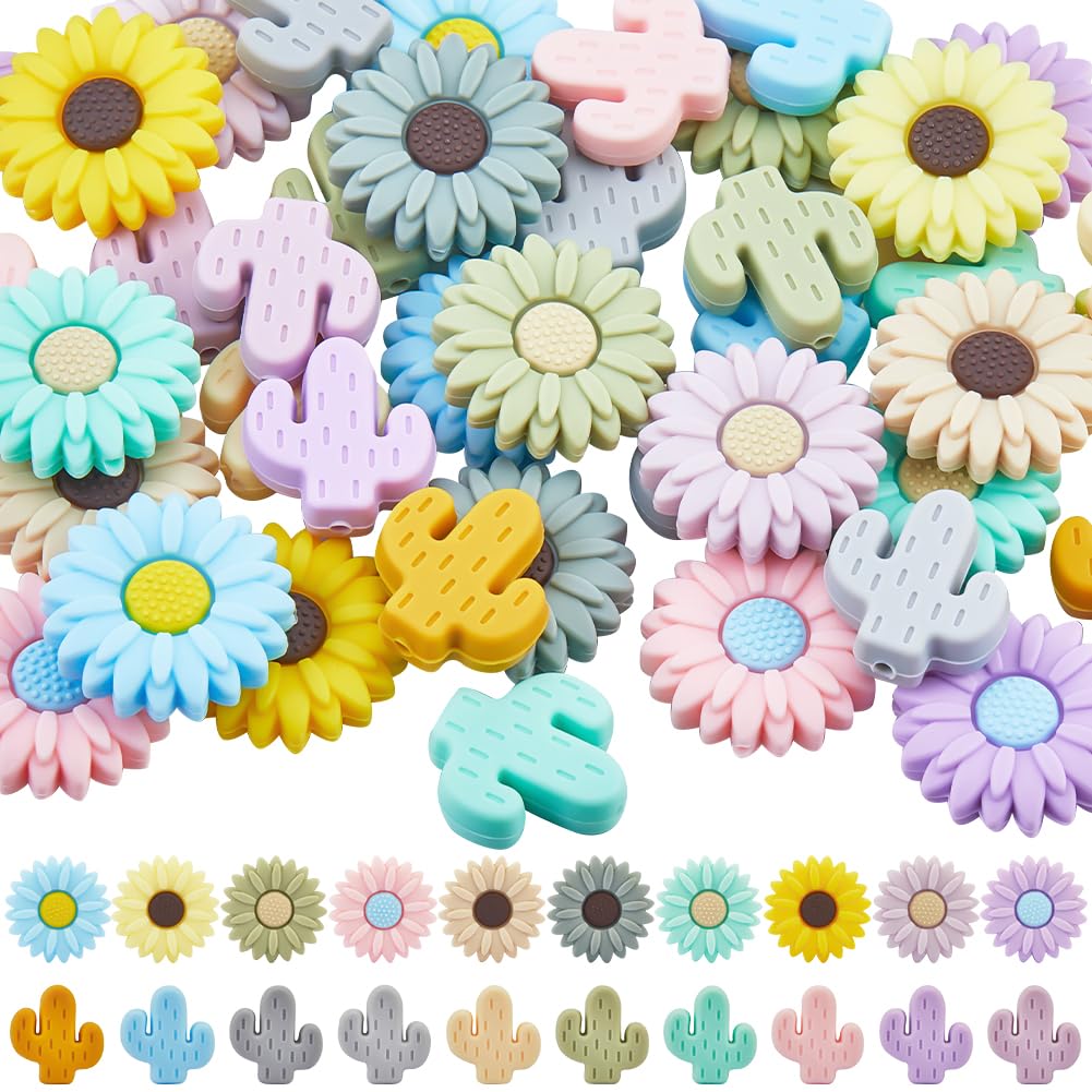 Perles focales en silicone cactus et fleurs pour porte-clés et bijoux DIY | Lot de 40