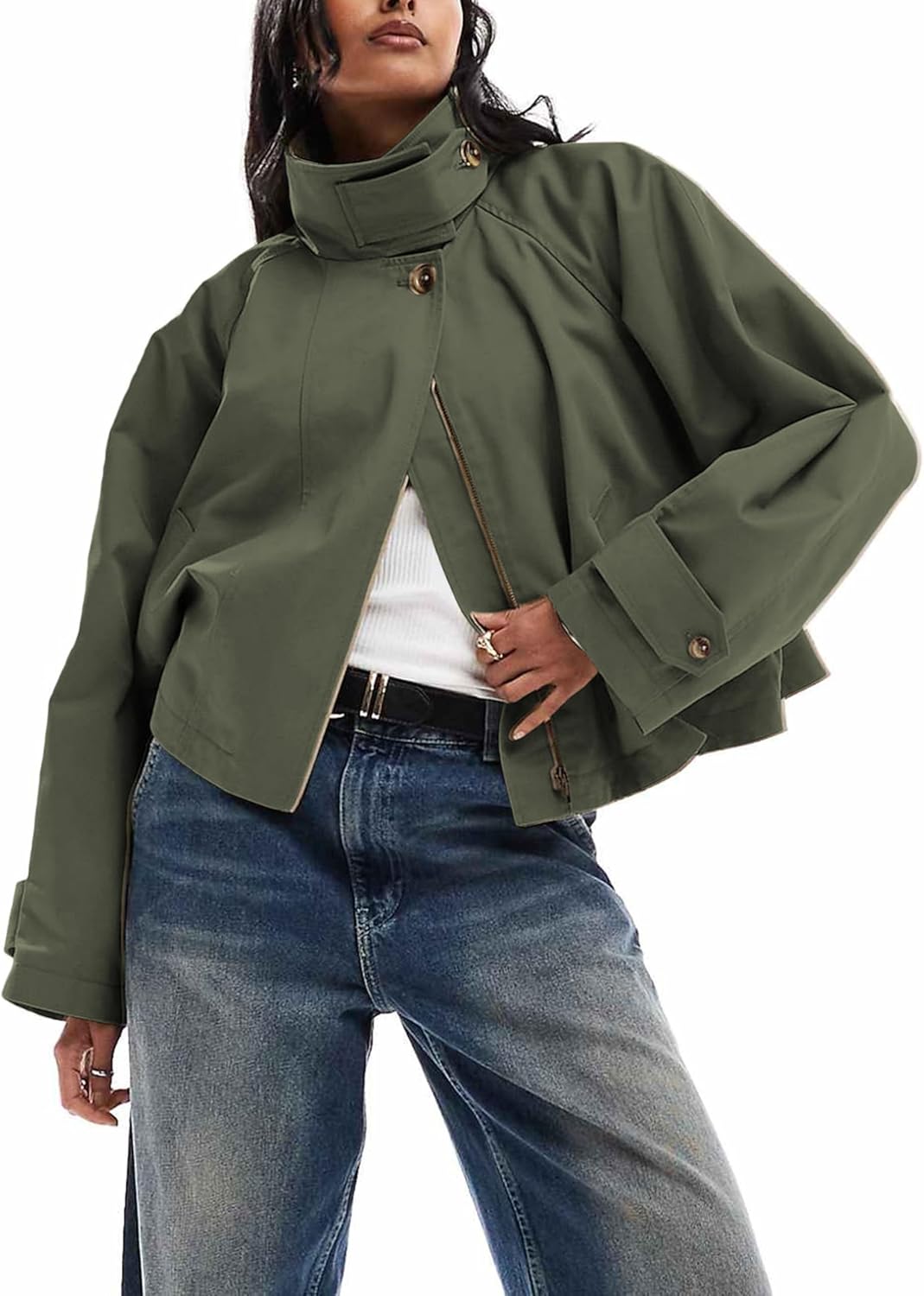 Majdan Women's Cropped Trench Coat Zip Up Short Outwear with Back Cape Casual Fall Spring Jacket with Pockets - Image 4