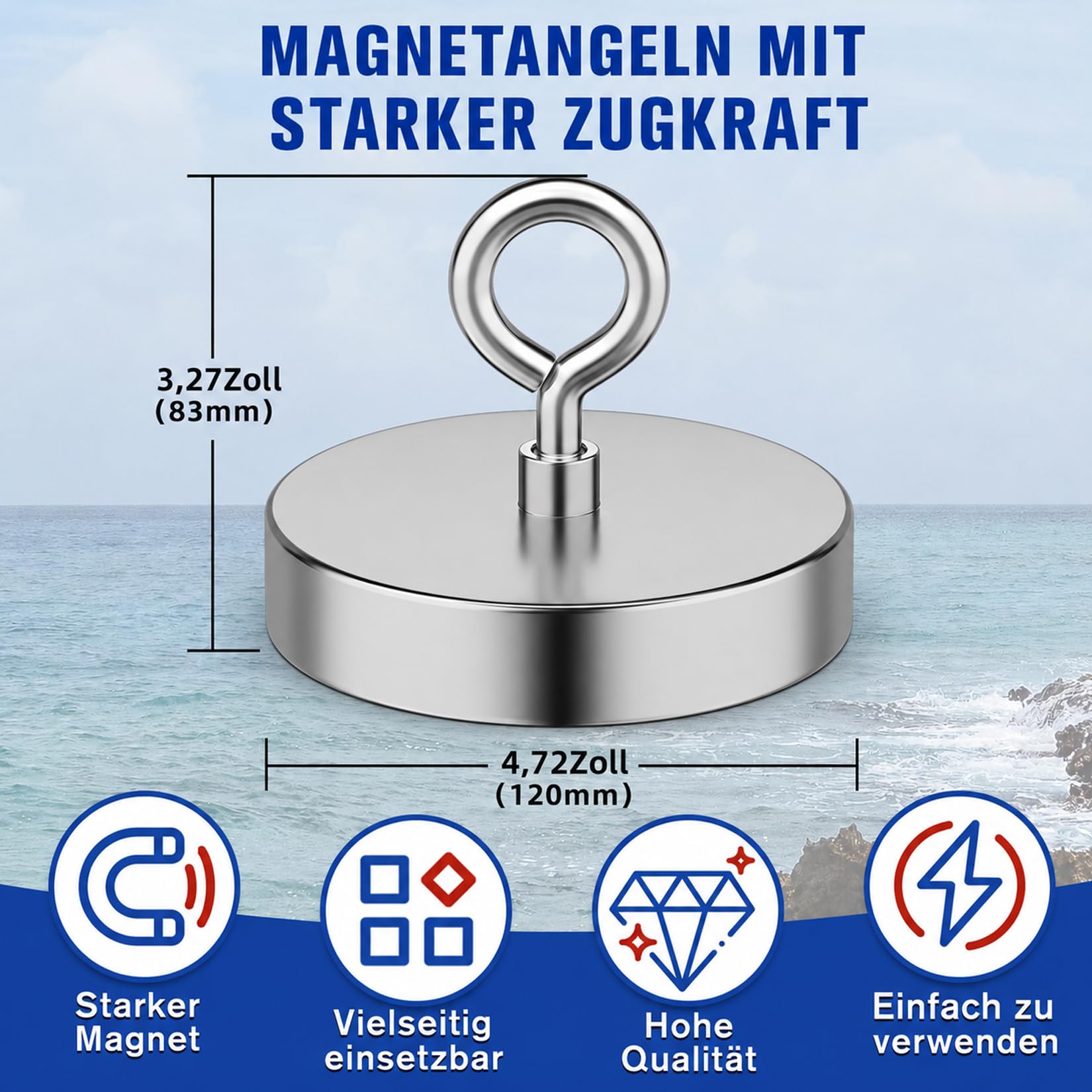 FINDMAG Magneti da pesca al neodimio super forti, 680 kg, forza di trazione, magnete per terre rare con foro svasato, vite ad anello, diametro 120 mm, per recuperare in fiume e pesca magnetica
