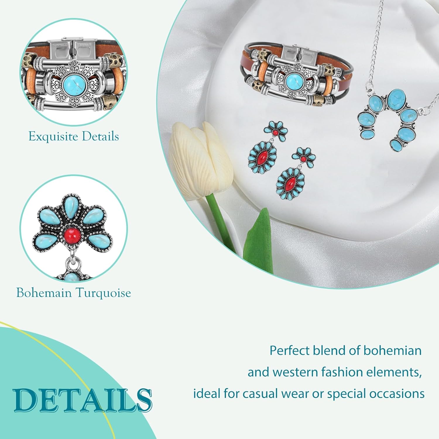 3 Piece Western Turquoise Jewelry Set with Earrings, Bracelet and Necklace for women - Image 3